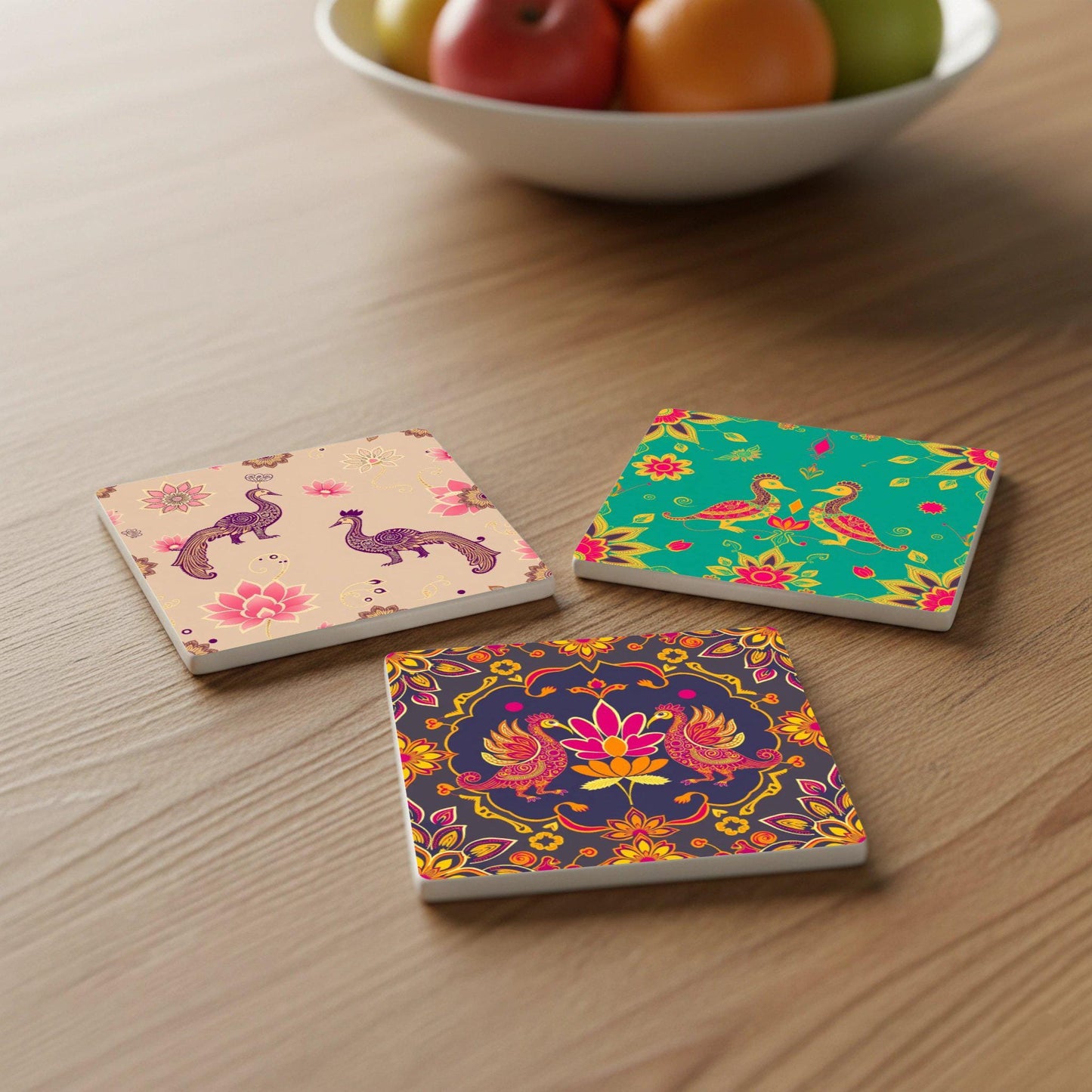 Peacock Indian · Coaster Set with Cork — Fine-Art Drinkware Décor