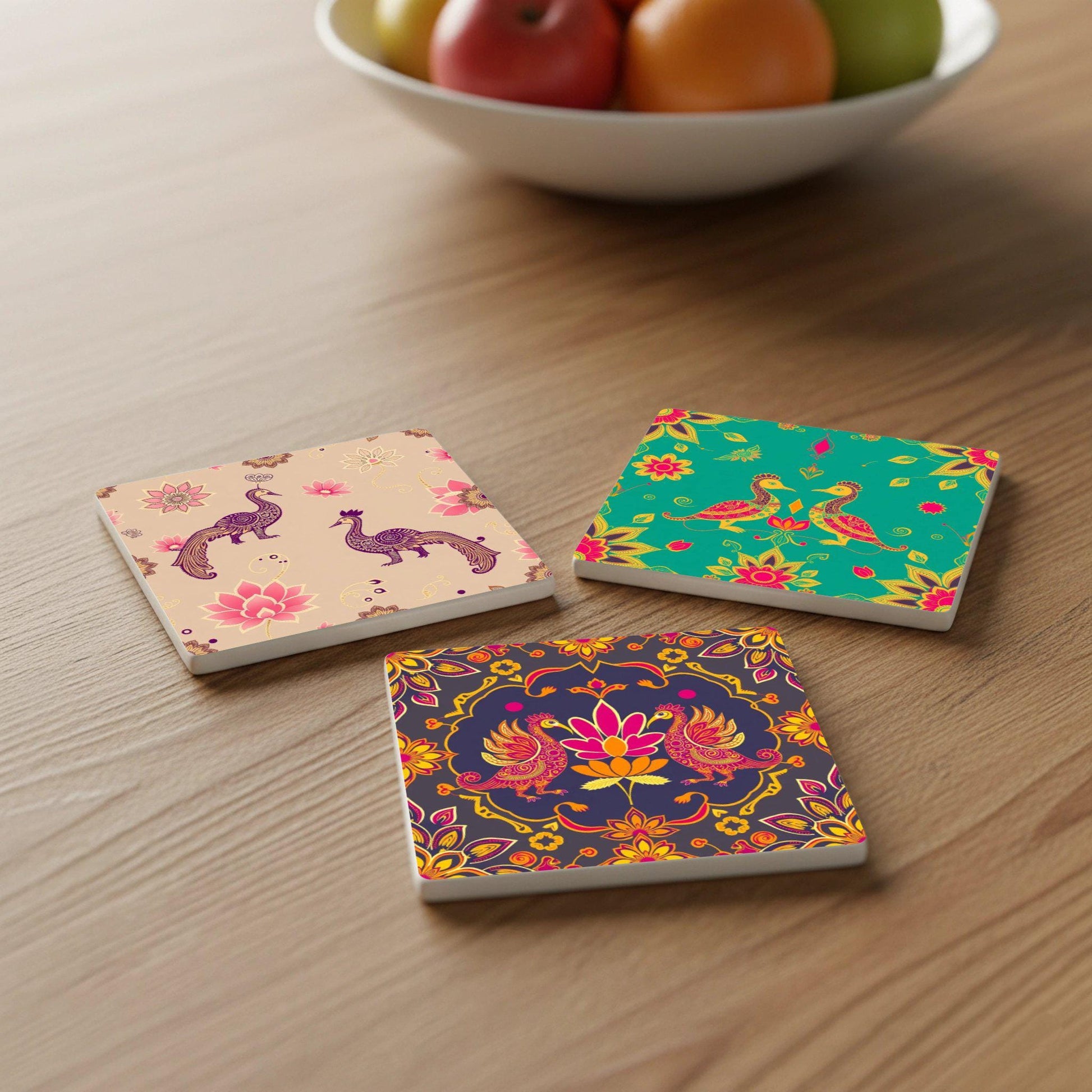 Peacock Indian · Coaster Set with Cork — Fine-Art Drinkware Décor