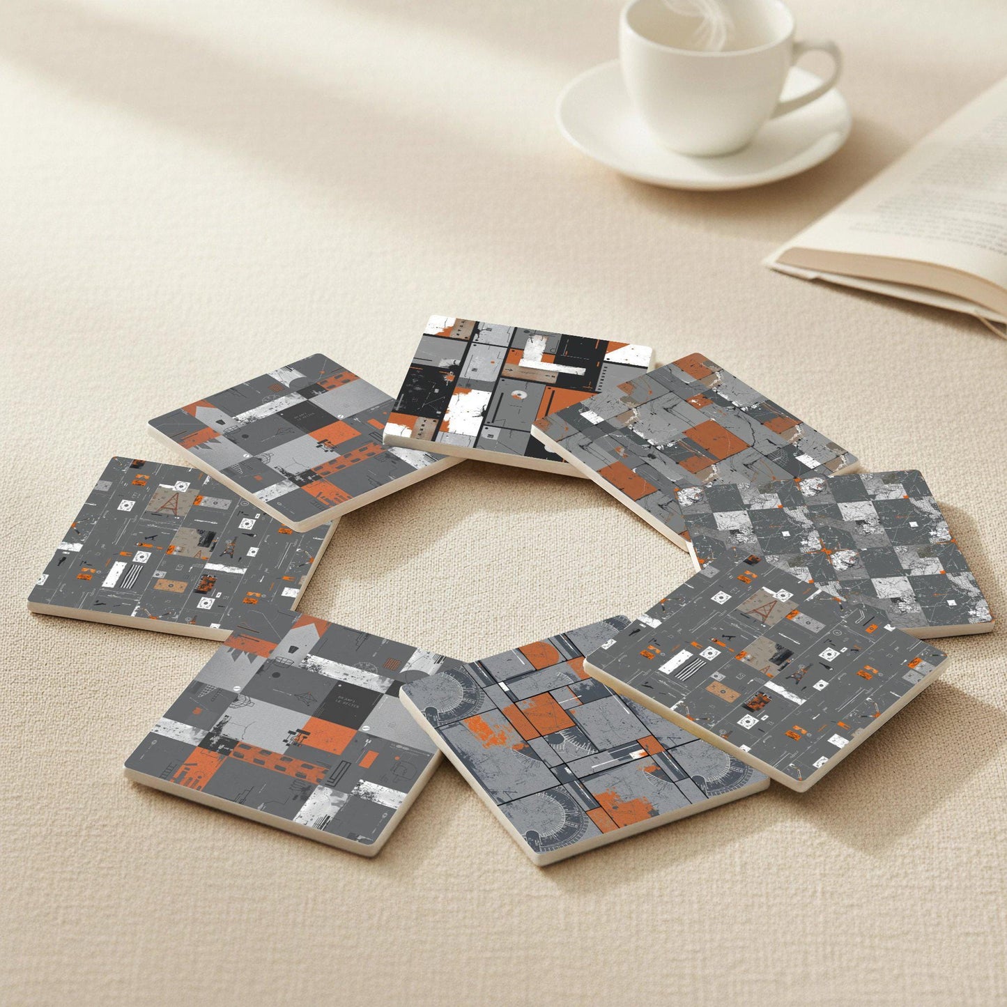 Industrial Geometry Ceramic Coaster Set · Coaster Set with Cork — Geometric & Deco