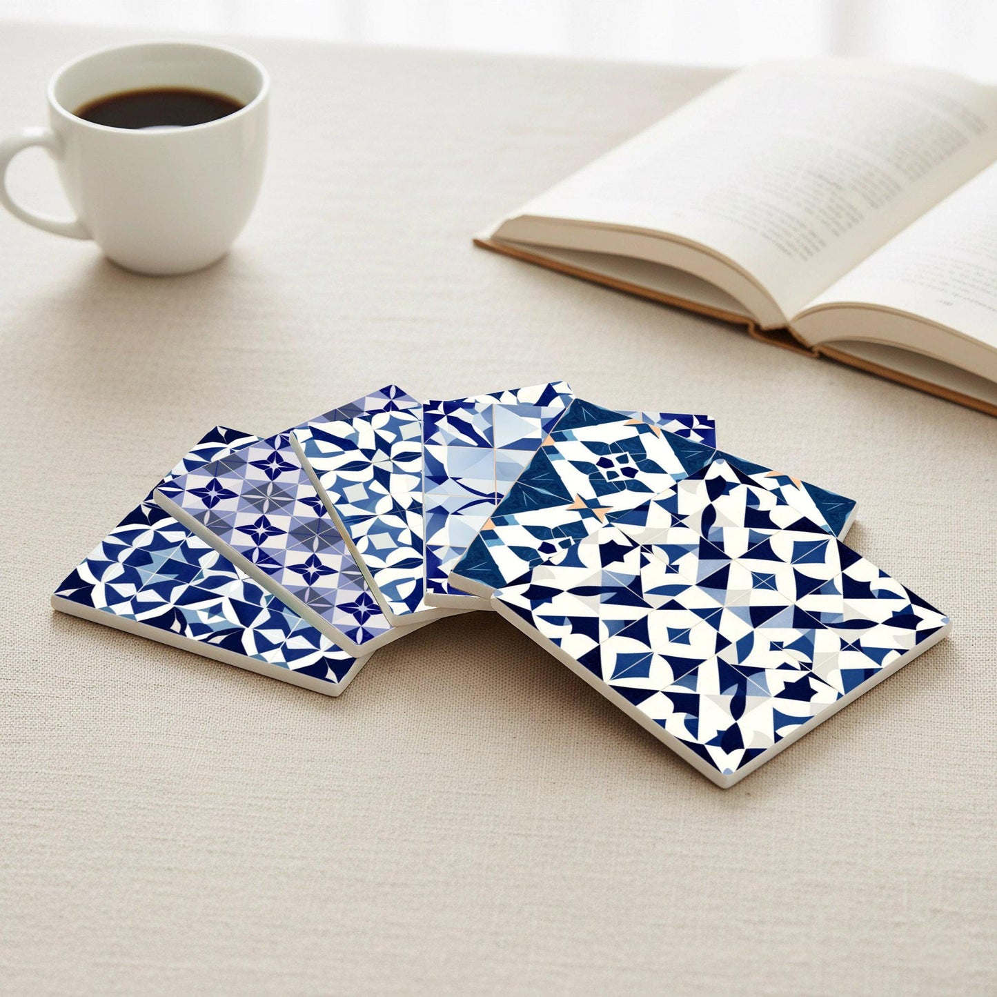 Posavasos Geométricos de cerámica azul - Azulejo mediterráneo marroquí, juego de
