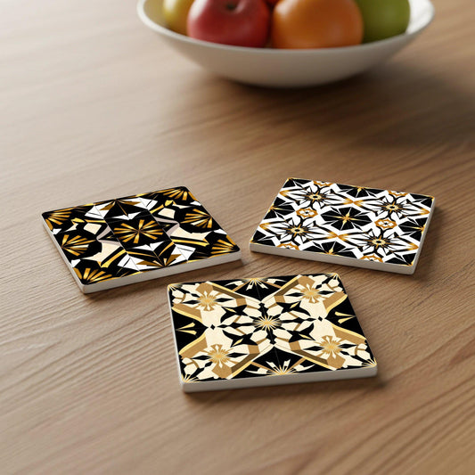 Posavasos Art Déco - Azulejos geométricos de cerámica en negro, blanco y dorado
