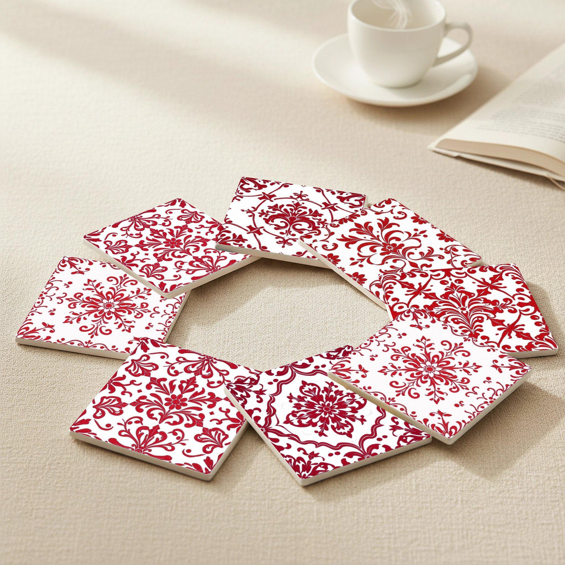 Damask Red — Ceramic Coaster Set · Geometric & Deco