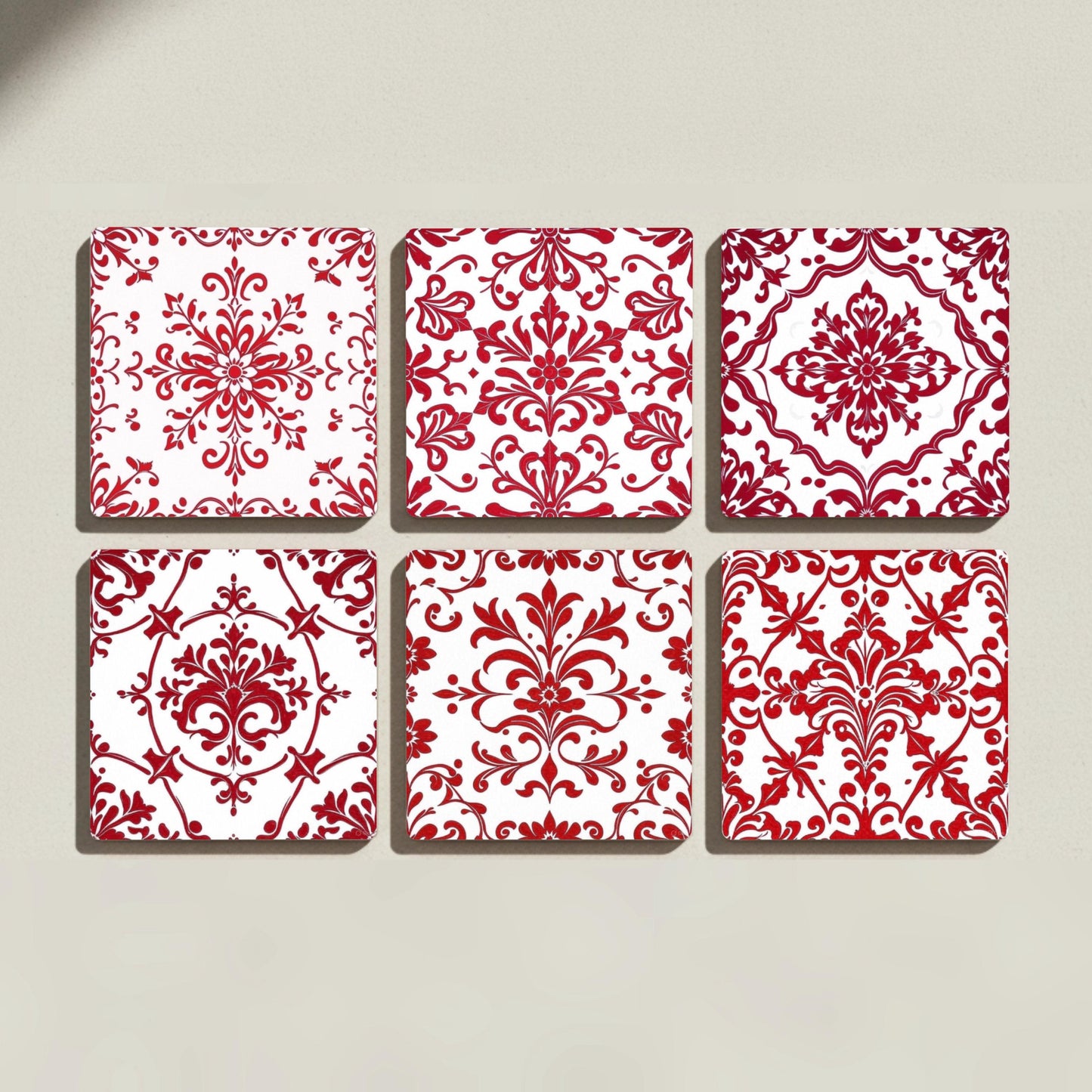 Damask Red — Ceramic Coaster Set · Geometric & Deco