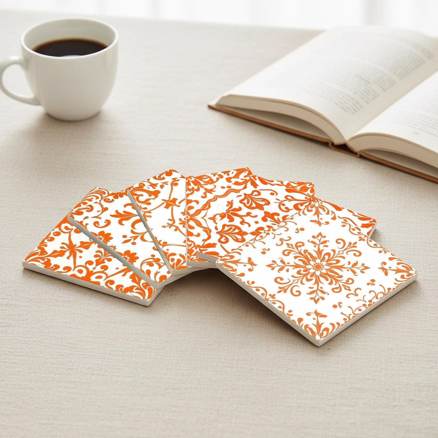 Damask Orange — Ceramic Coaster Set · Design-Lover's Table Set