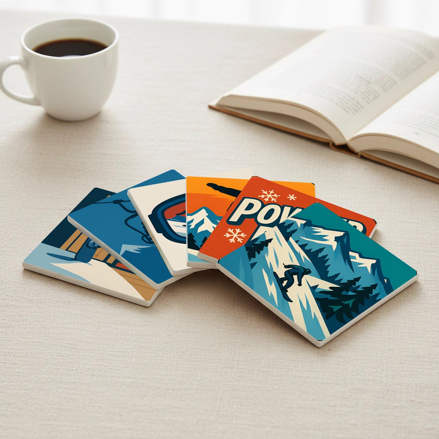 Posavasos Azulejos de snowboard con ilustraciones de montañas para decorar la me