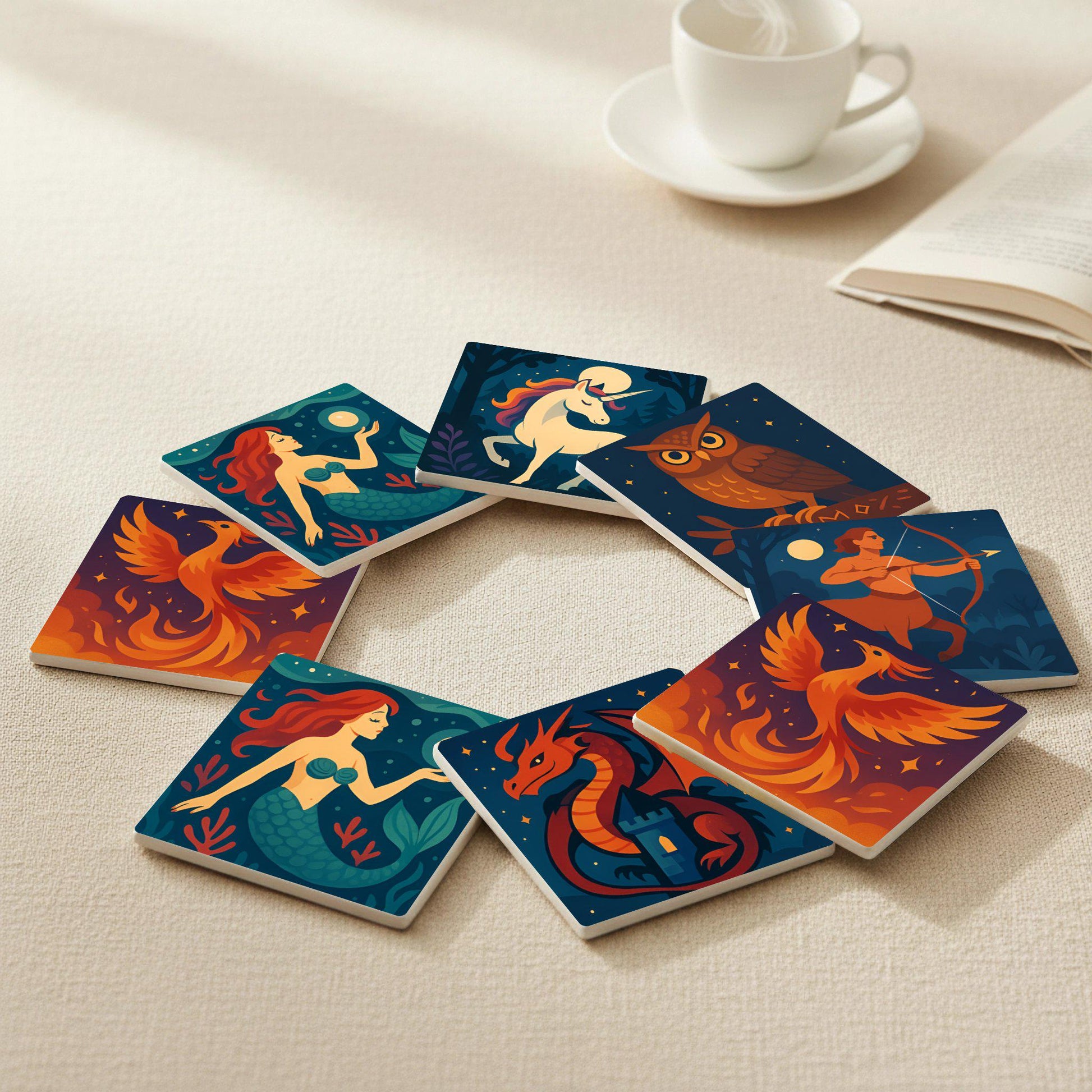 Posavasos Criaturas míticas, posavasos de azulejos de fantasía, dragón, fénix y 