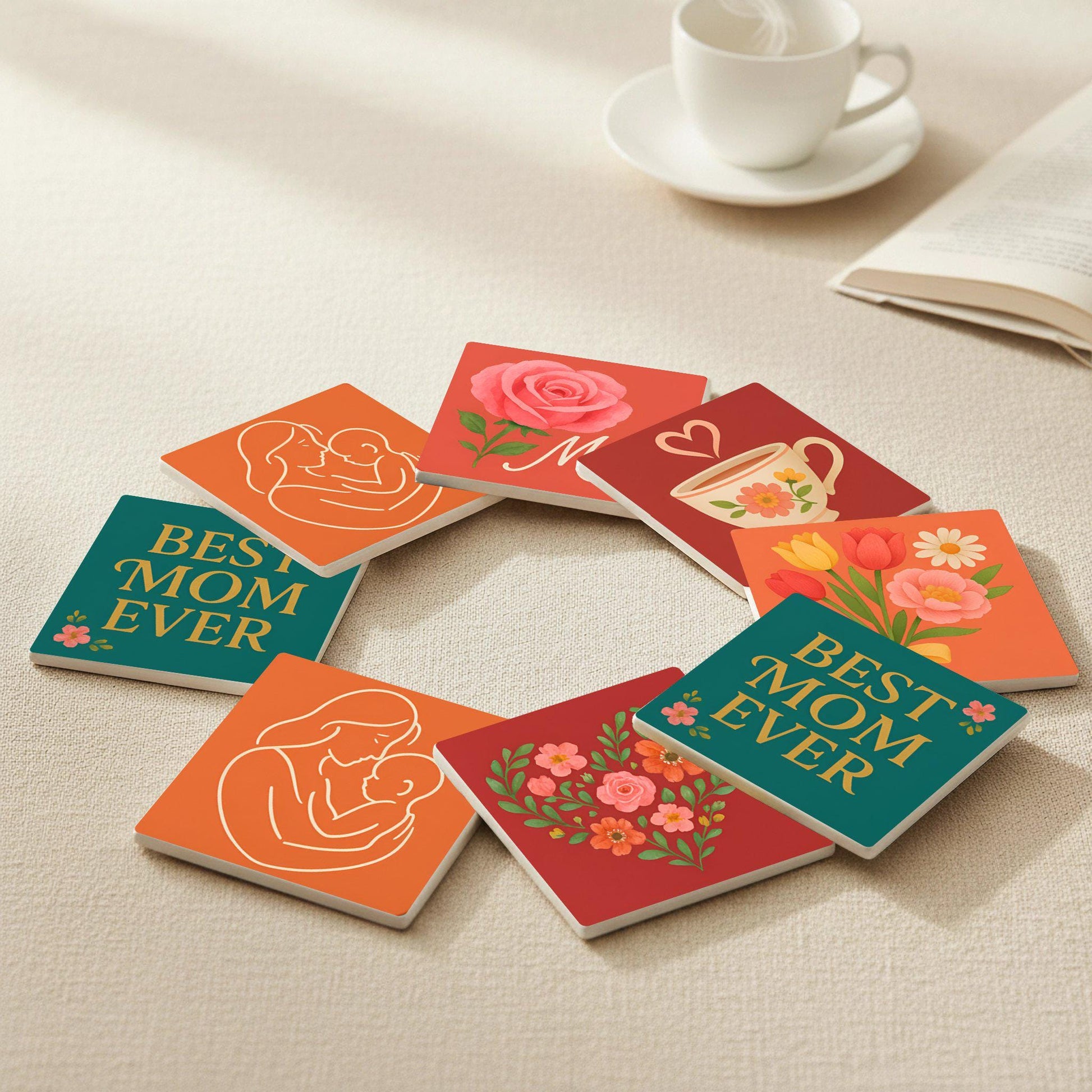 Diseño floral, regalo para el Día de la Madre y decoración para la mes — Keramik-Untersetzer-Set · Botanisches Tisch-Dekor