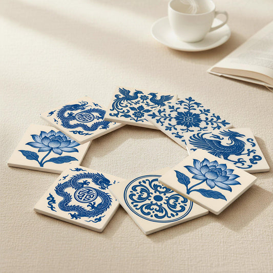 Posavasos Azul y blanca / Decoración de azulejos florales asiáticos