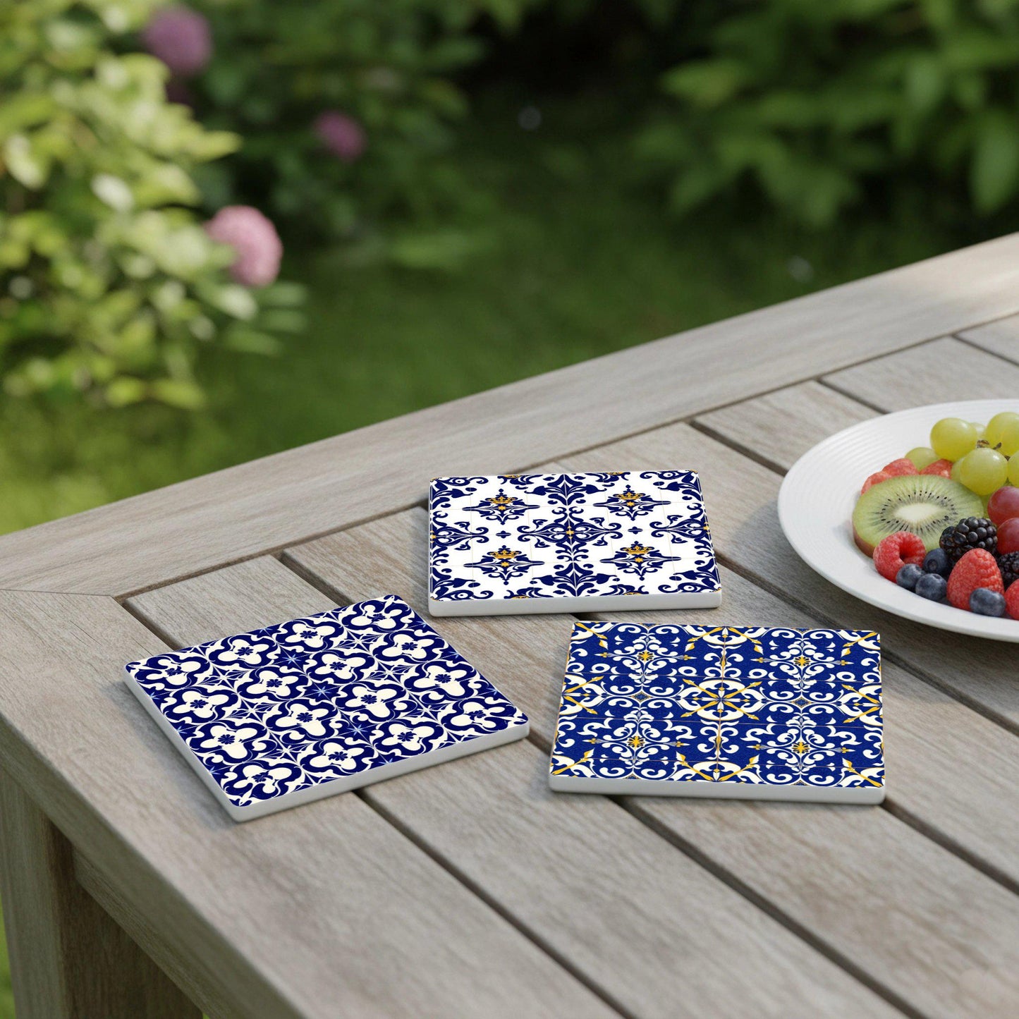 Posavasos Azulejo, posavasos de azulejos azules y blancos, decoración de mesa de