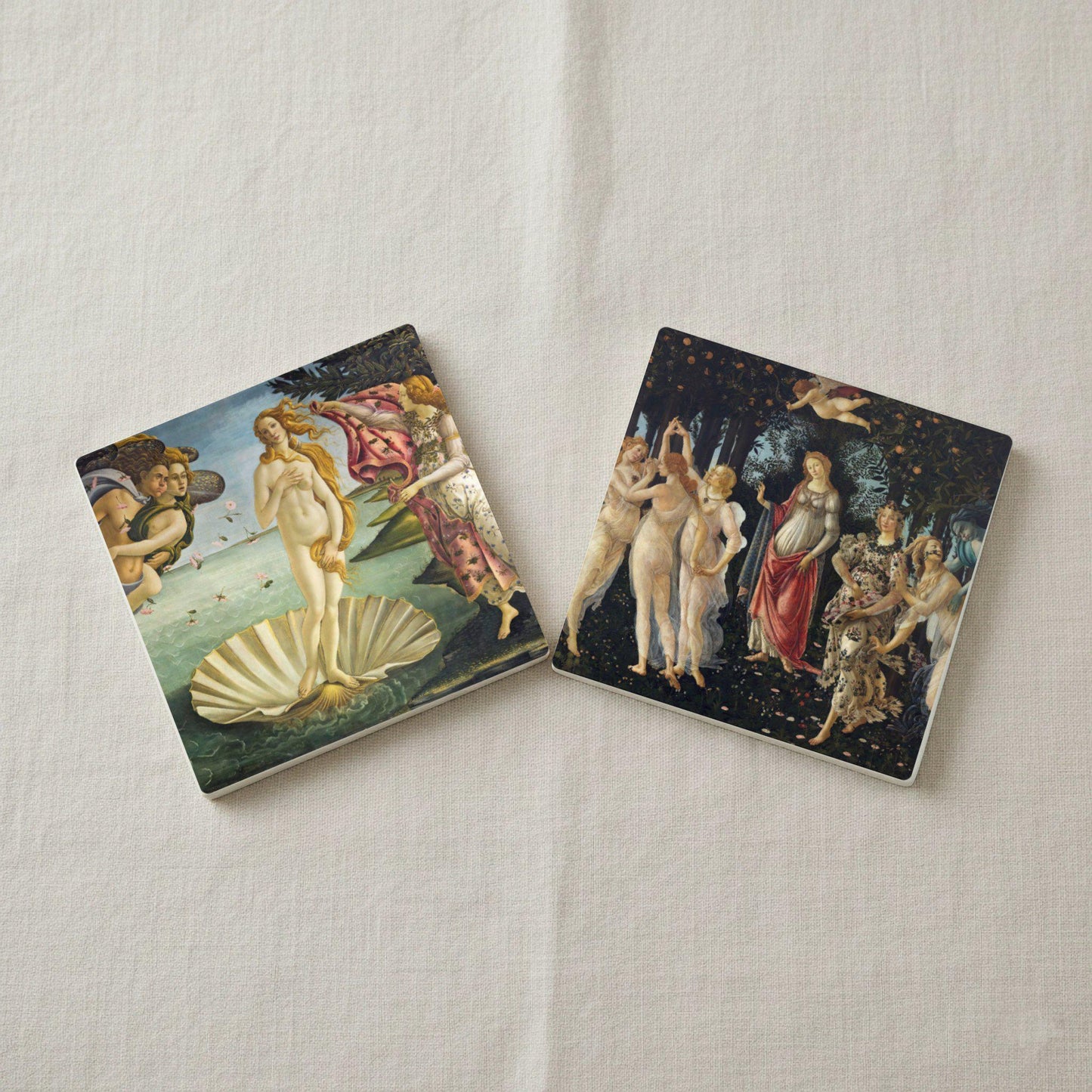 Botticelli, decoración de mesa de arte renacentista · Coaster Set with Cork — Great Painters Collection