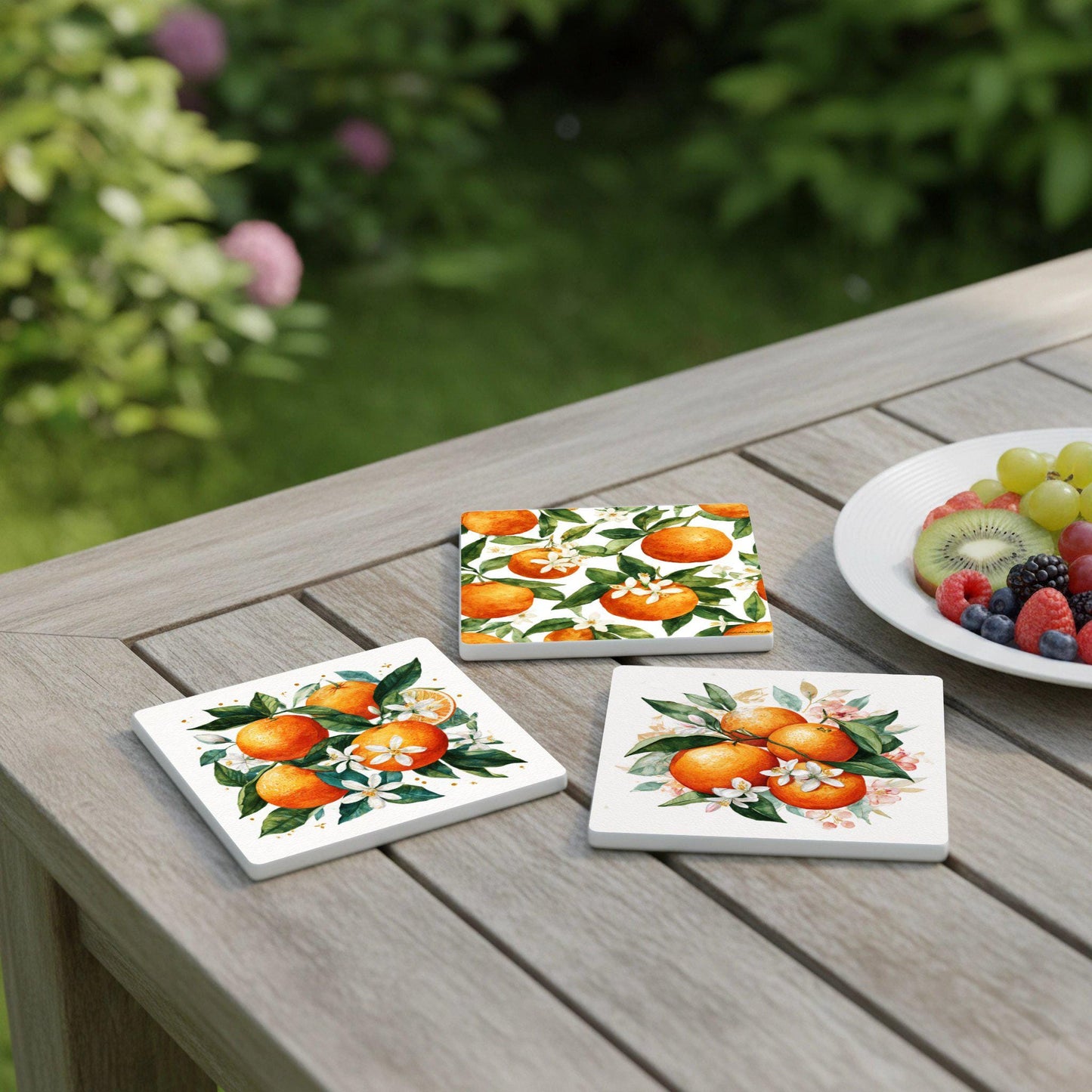 Dessous de Verre Diseño de naranja cítrica / Posavasos de azulejos botánicos mediterrán — Dessous de Verre à Motifs Modernes