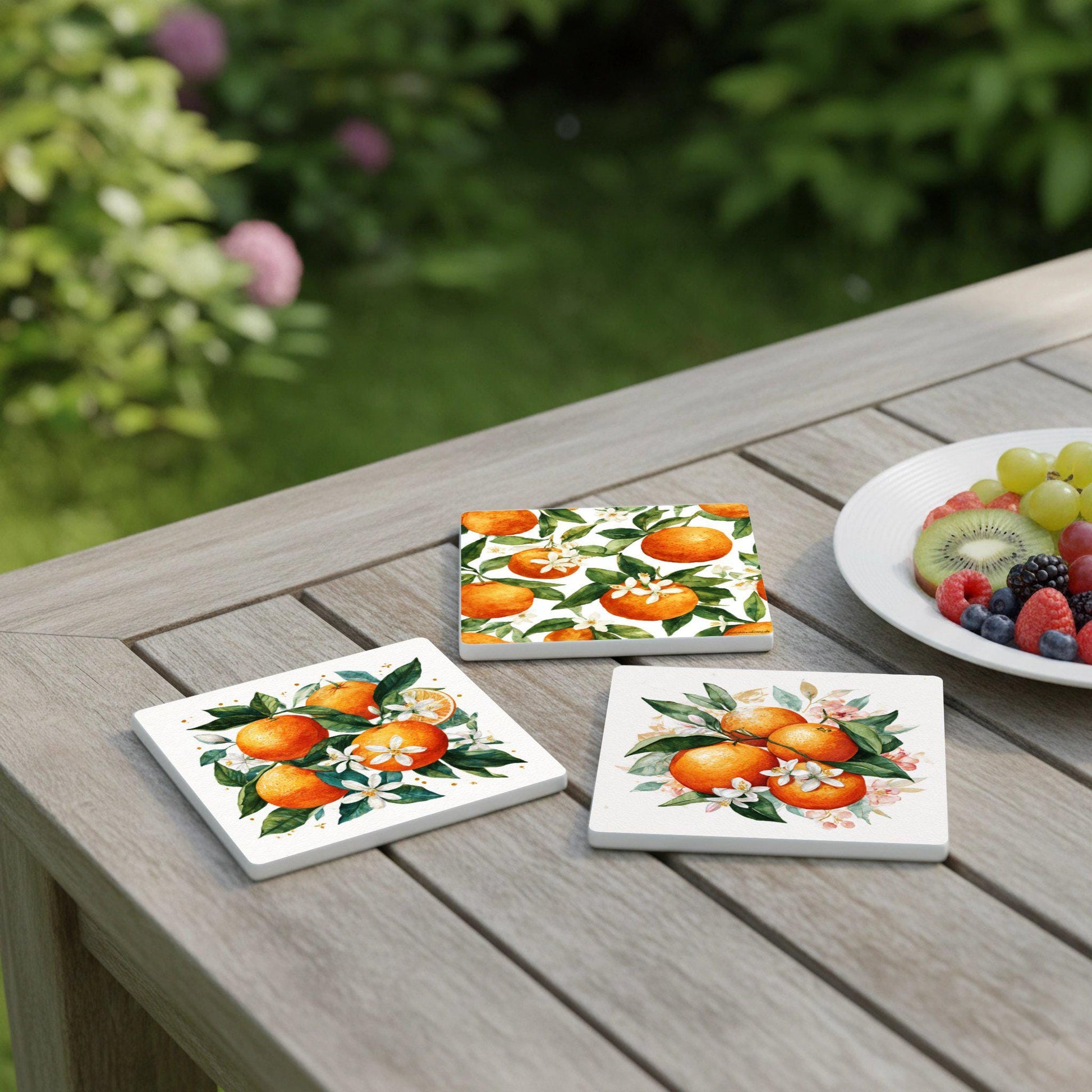 Dessous de Verre Diseño de naranja cítrica / Posavasos de azulejos botánicos mediterrán — Dessous de Verre à Motifs Modernes