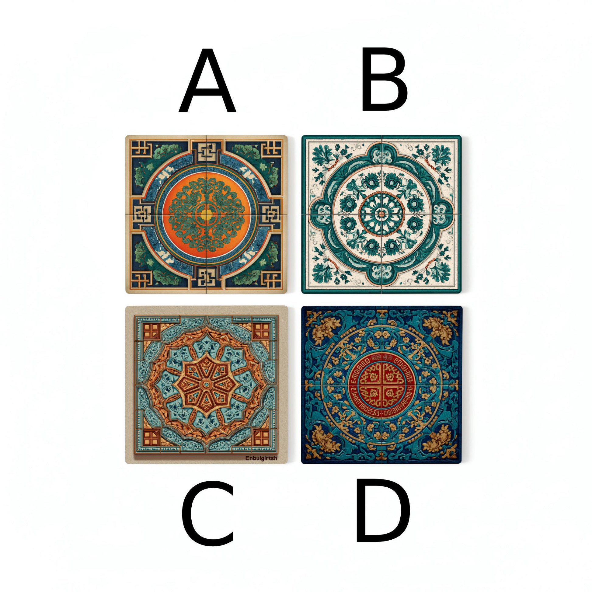 Medallón asiático / Juego de posavasos de azulejos orientales / Decora — Ceramic Coaster Set · Geometric & Deco