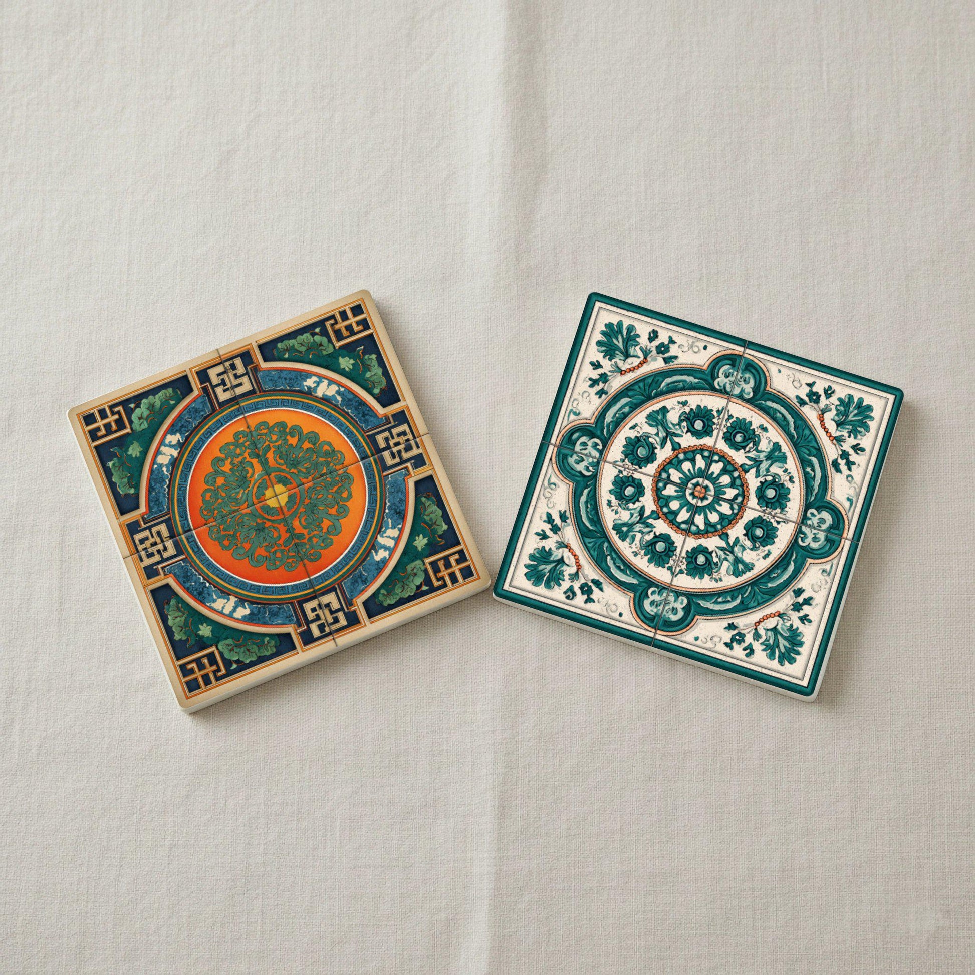 Medallón asiático / Juego de posavasos de azulejos orientales / Decora — Ceramic Coaster Set · Geometric & Deco