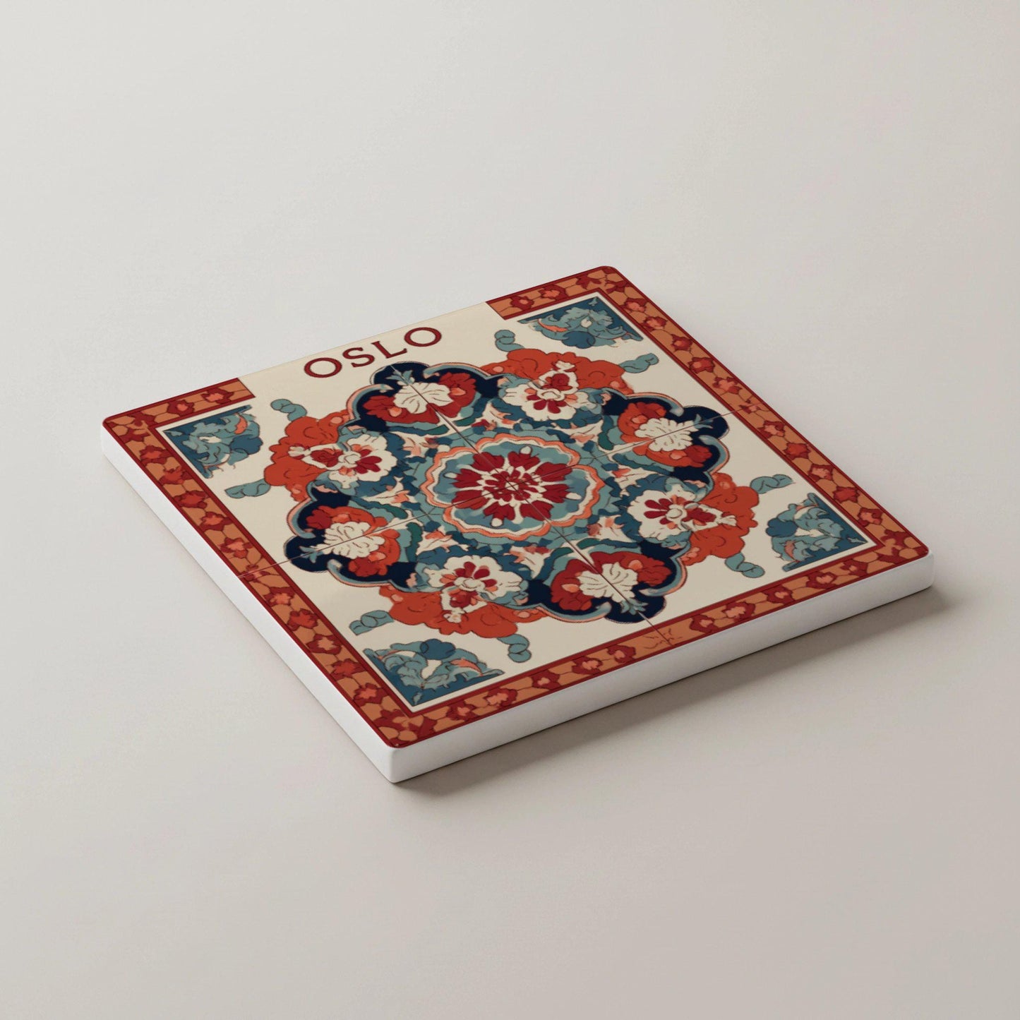 Keramik-Untersetzer Oslo Noruega / Rosemaling Tile Coaster Set / Decoración del hogar de a — Kunst für den Tisch