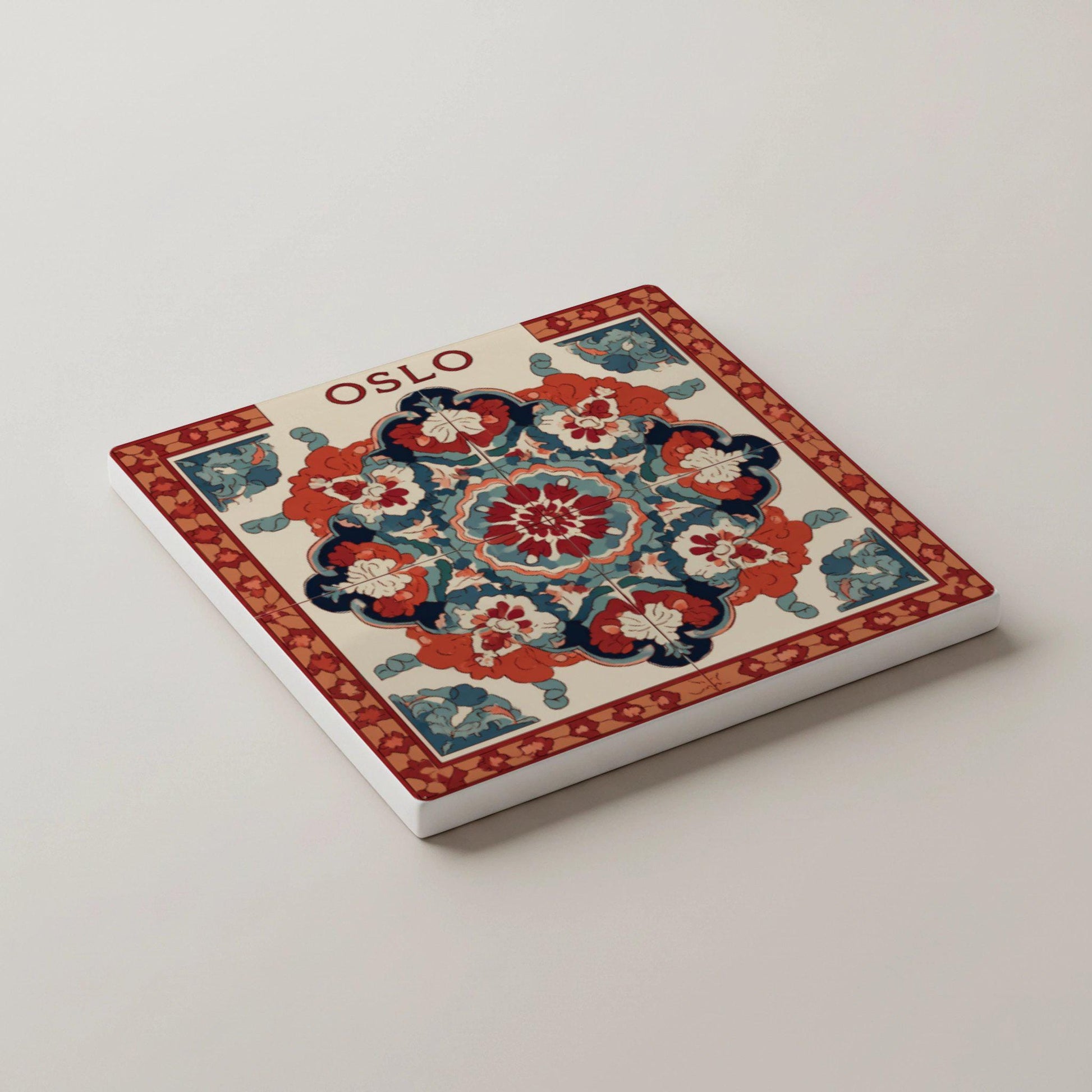 Keramik-Untersetzer Oslo Noruega / Rosemaling Tile Coaster Set / Decoración del hogar de a — Kunst für den Tisch