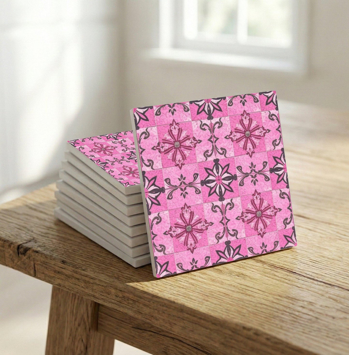 Pink Floral — Precision-Line Geometry Ceramic Tile