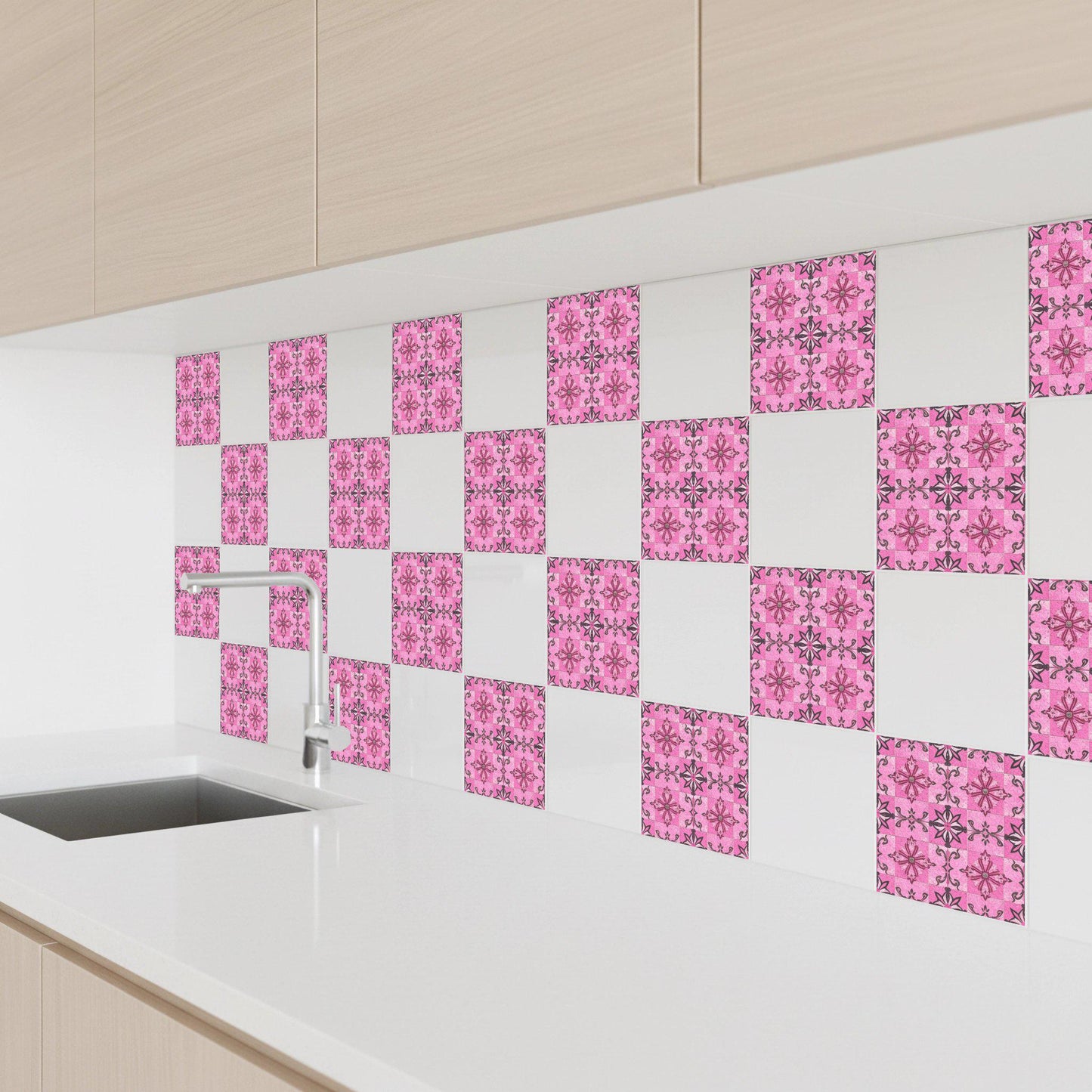 Pink Floral — Precision-Line Geometry Ceramic Tile