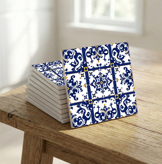 Azulejo Portugués-inspirado azul y blanco pared con rhythmic geométrico celosía diseño.