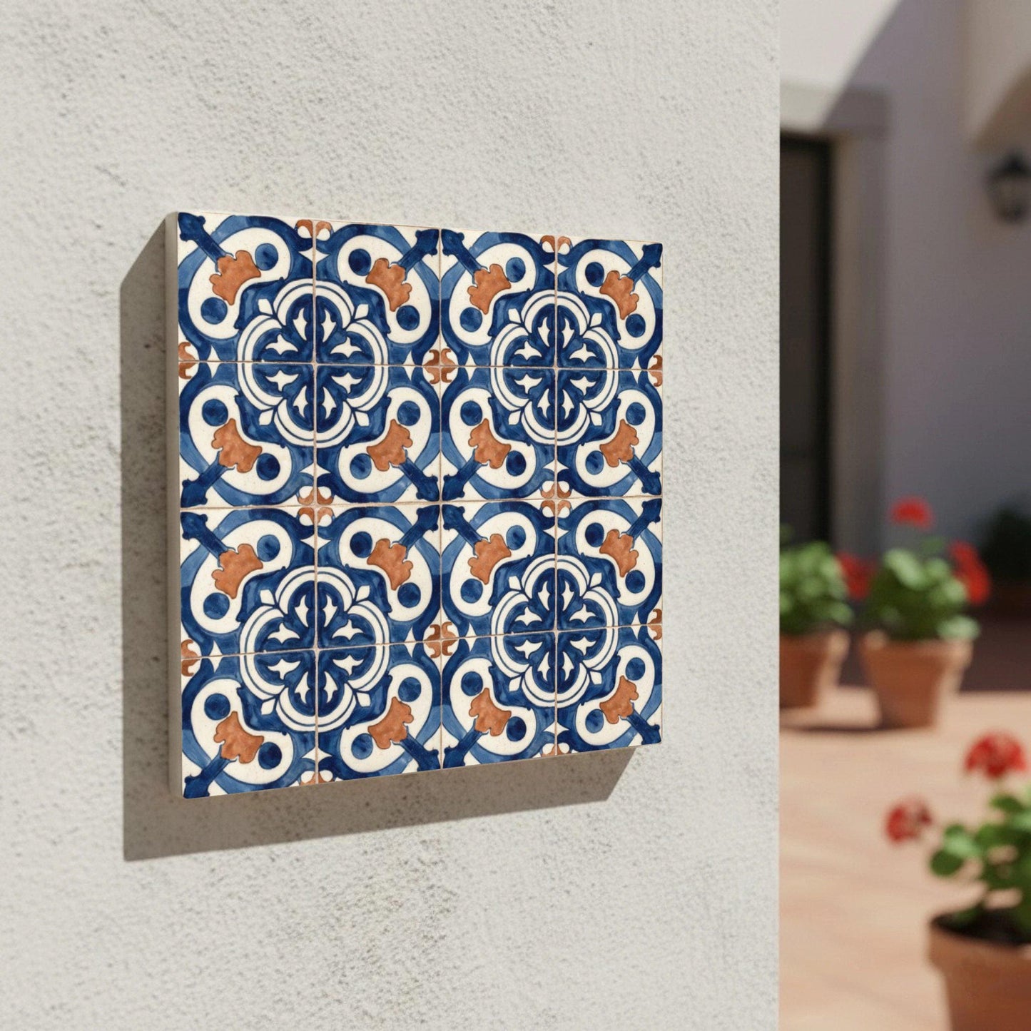 Iberian Blue and Clay · Ceramic Wall Tile — Precision-Line Geometry