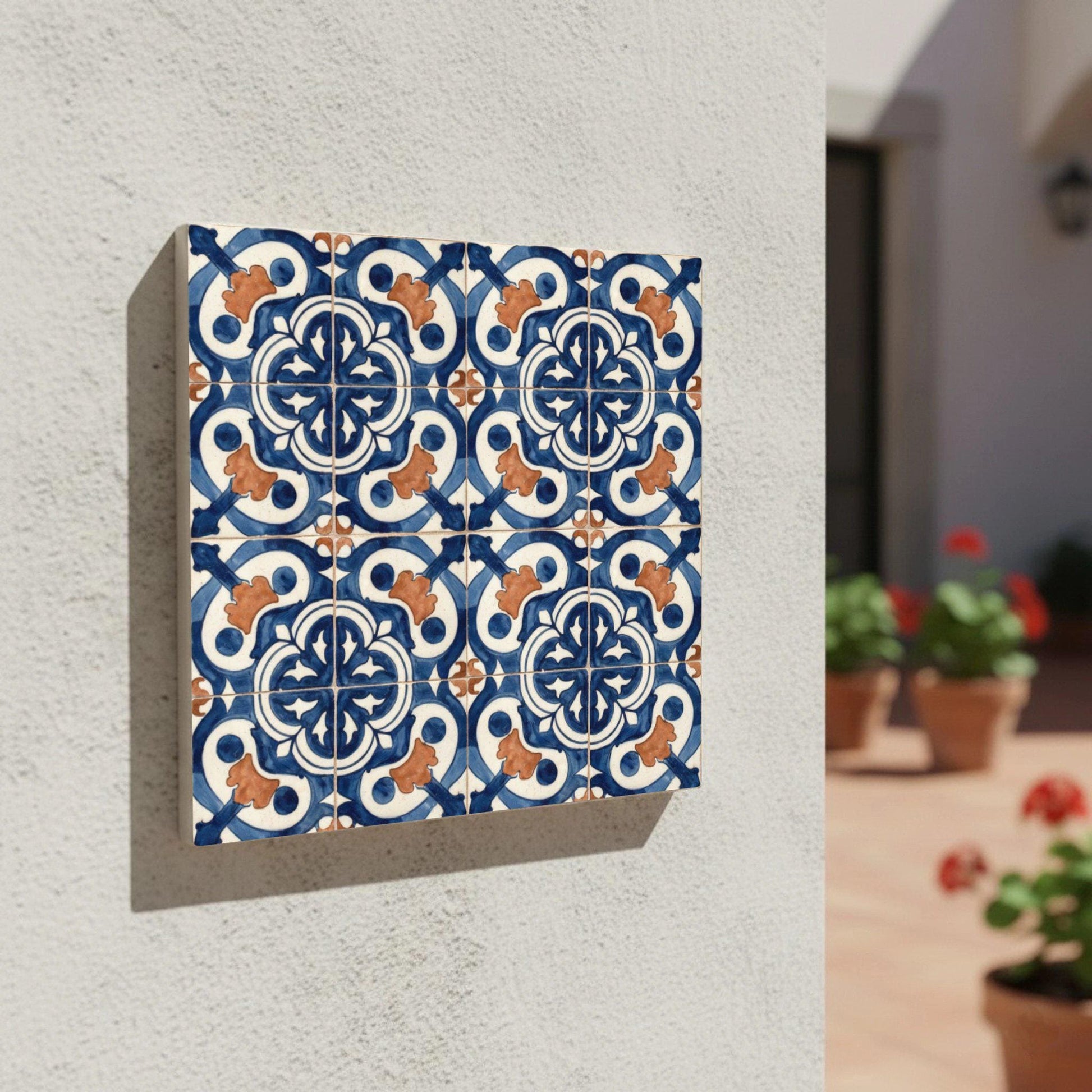 Iberian Blue and Clay · Ceramic Wall Tile — Precision-Line Geometry