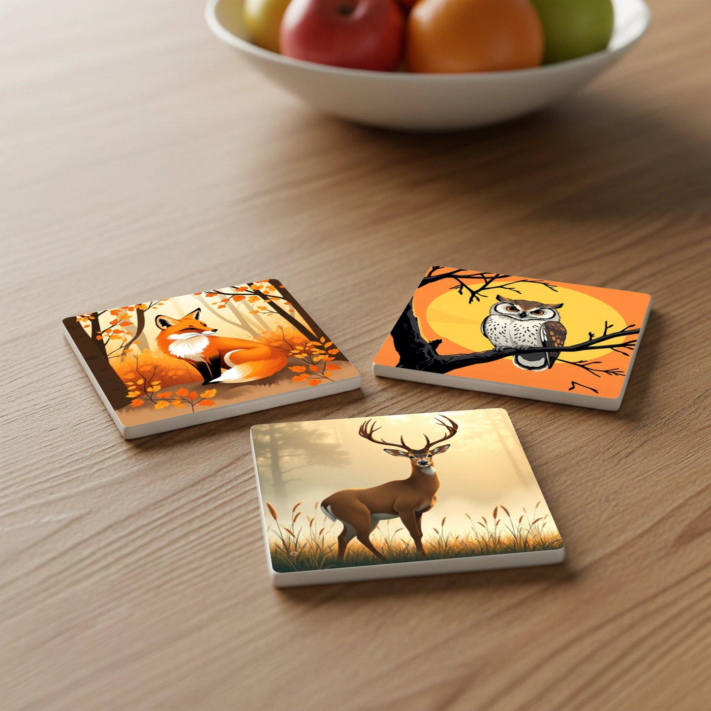 Diseño de animales del bosque, decoración forestal — Set de Dessous de Verre en Céramique · Set de Table pour Amateurs de Design