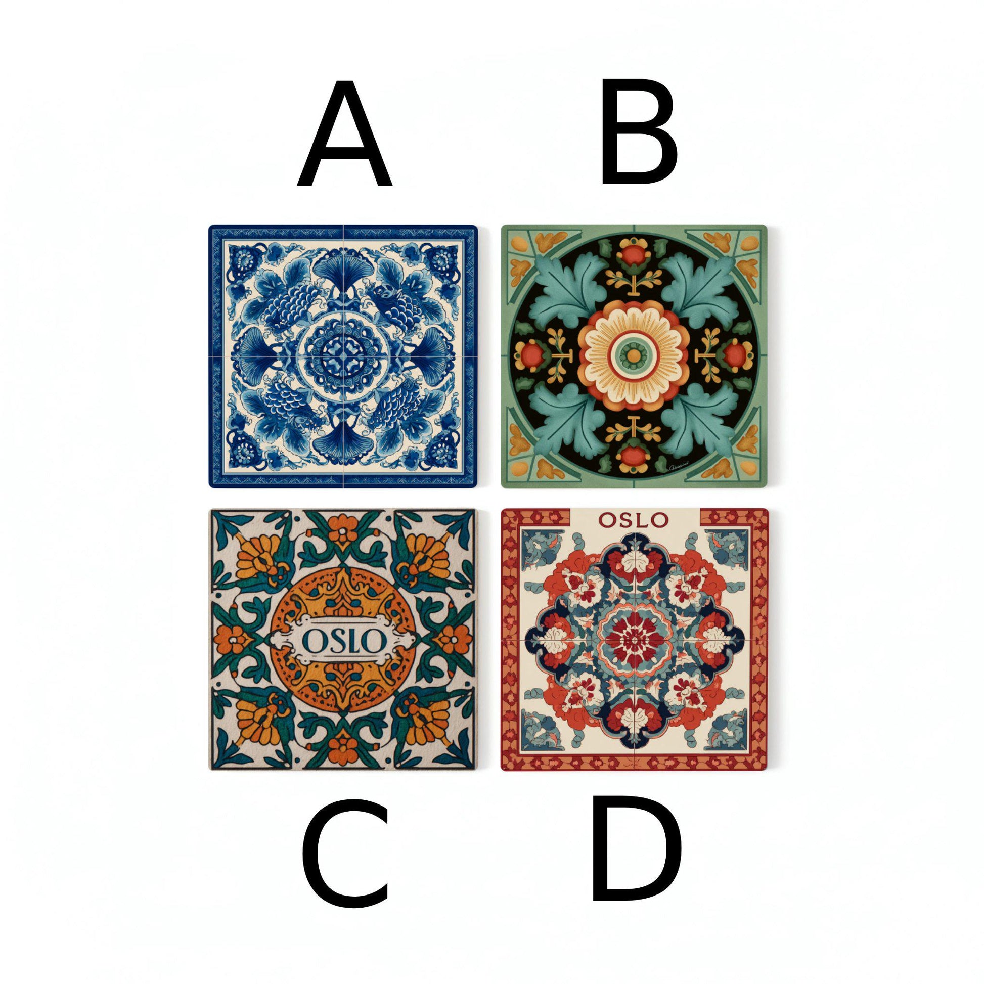 Keramik-Untersetzer Oslo Noruega / Rosemaling Tile Coaster Set / Decoración del hogar de a — Kunst für den Tisch