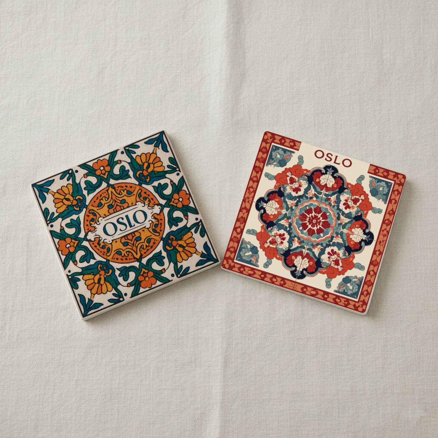 Keramik-Untersetzer Oslo Noruega / Rosemaling Tile Coaster Set / Decoración del hogar de a — Kunst für den Tisch
