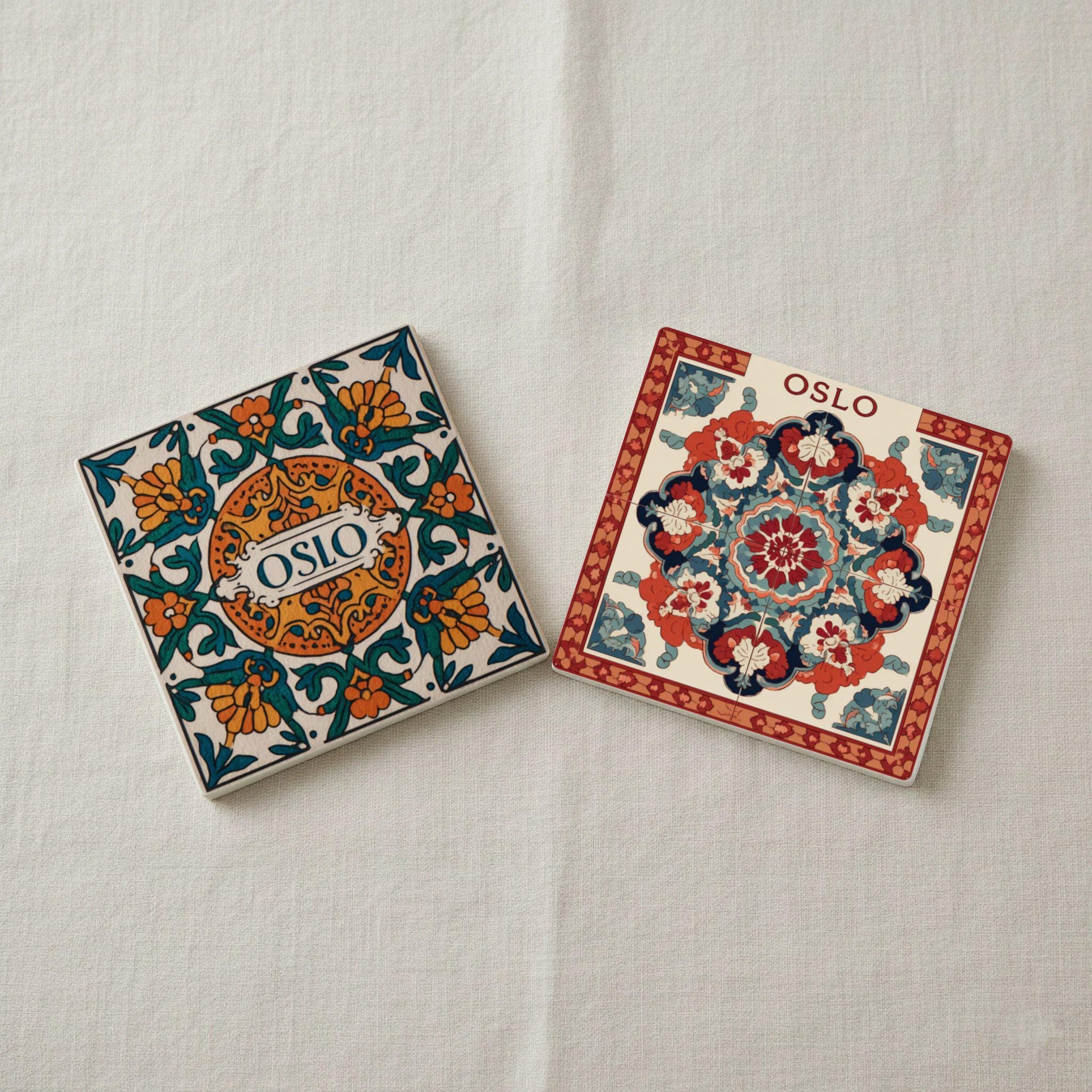 Keramik-Untersetzer Oslo Noruega / Rosemaling Tile Coaster Set / Decoración del hogar de a — Kunst für den Tisch