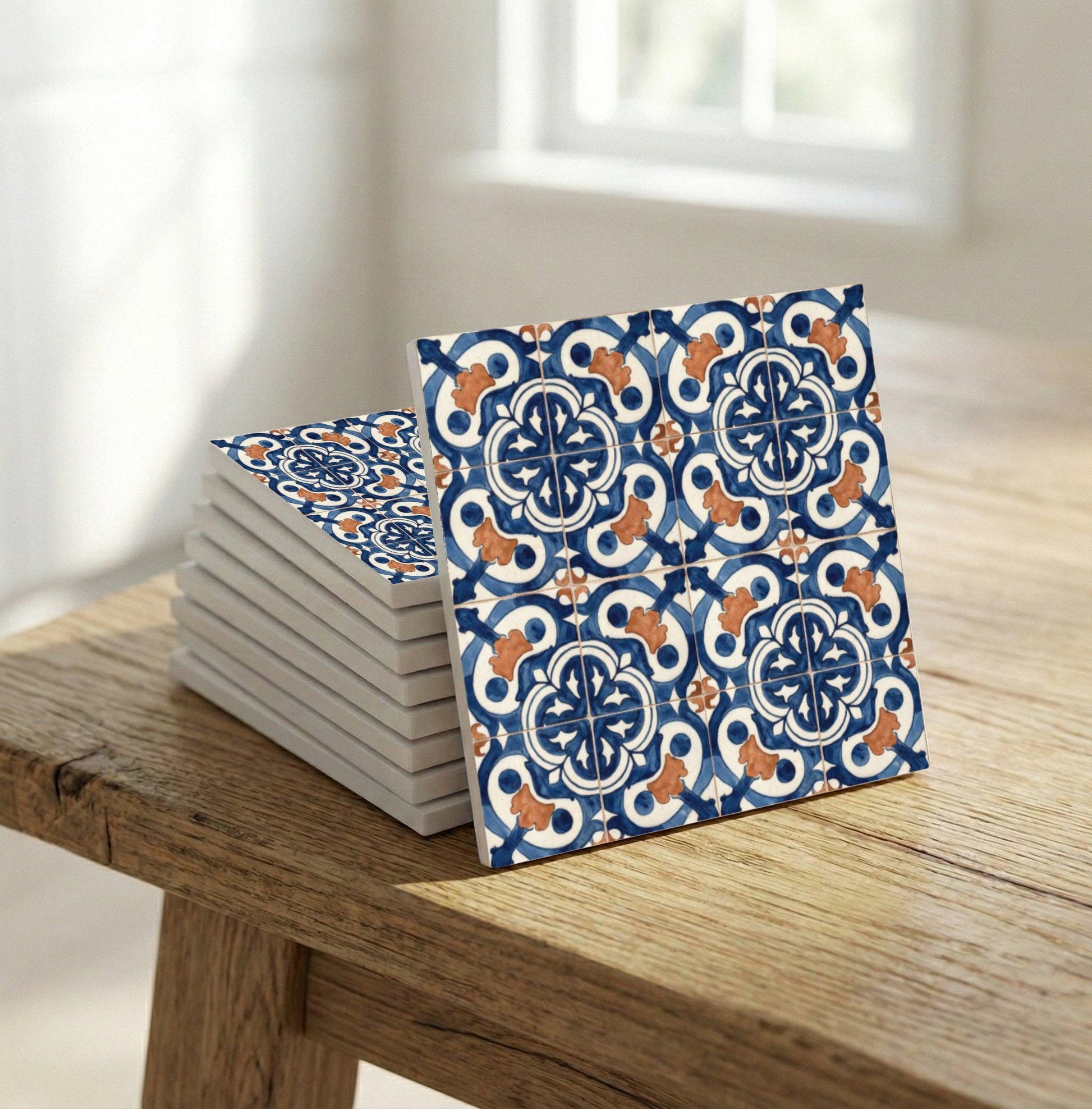 Iberian Blue and Clay · Ceramic Wall Tile — Precision-Line Geometry
