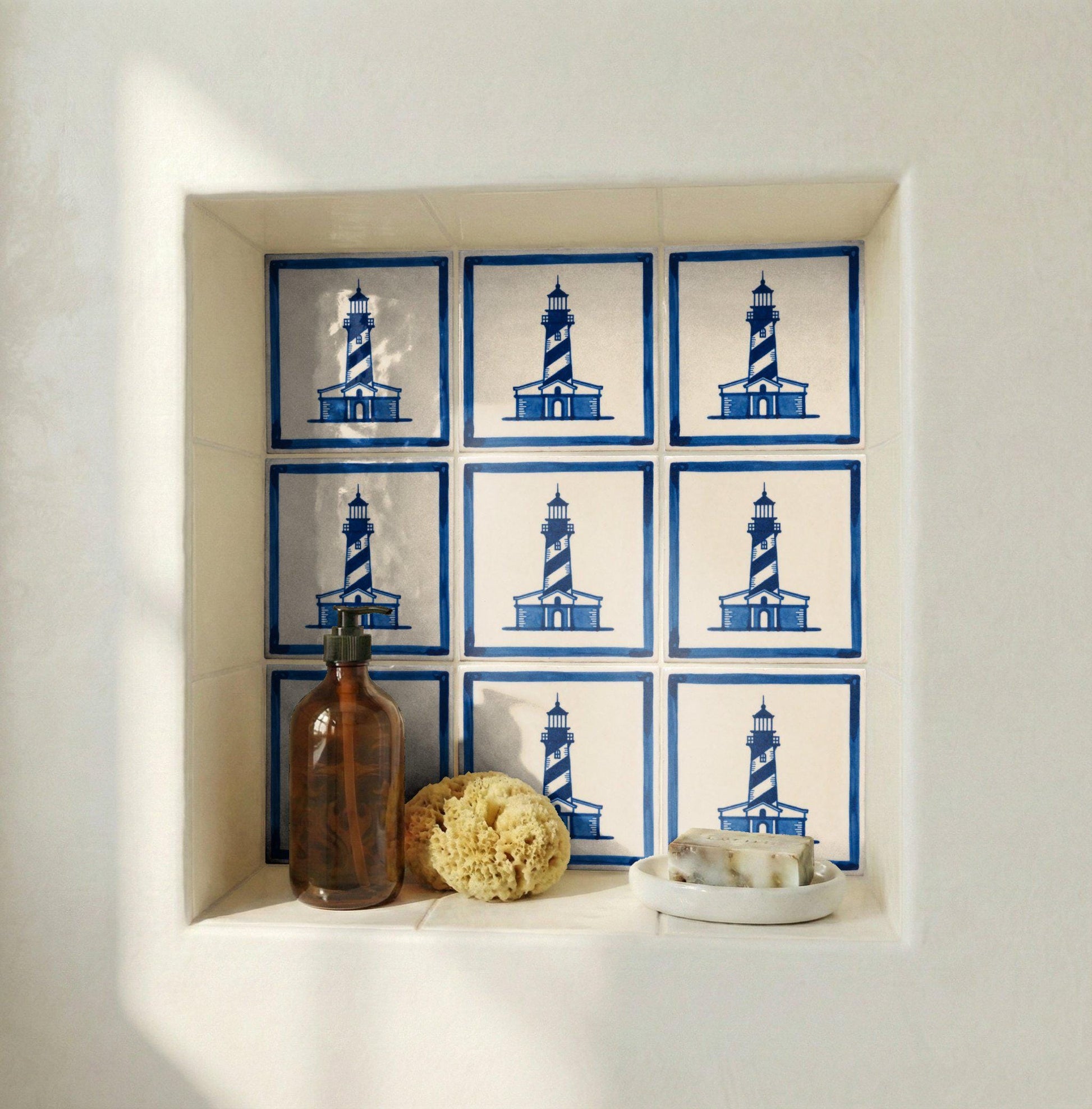 Fliese Lighthouse in Delfter Blau · Delfter-Blau-Stil