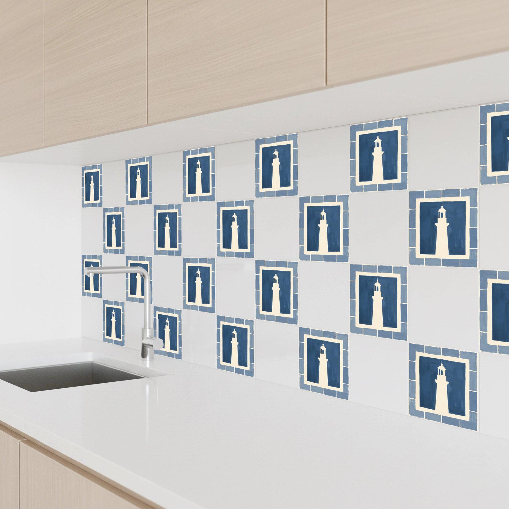 Lighthouse Mediterranean · Ceramic Wall Tile — Portuguese Azulejo Style