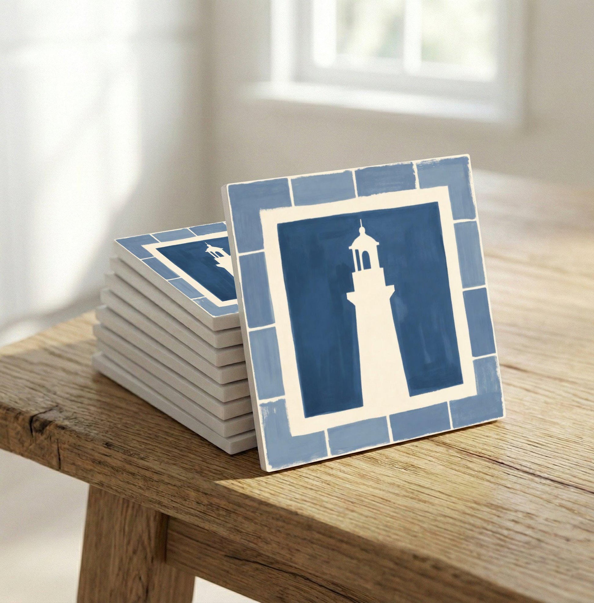 Lighthouse Mediterranean · Ceramic Wall Tile — Portuguese Azulejo Style