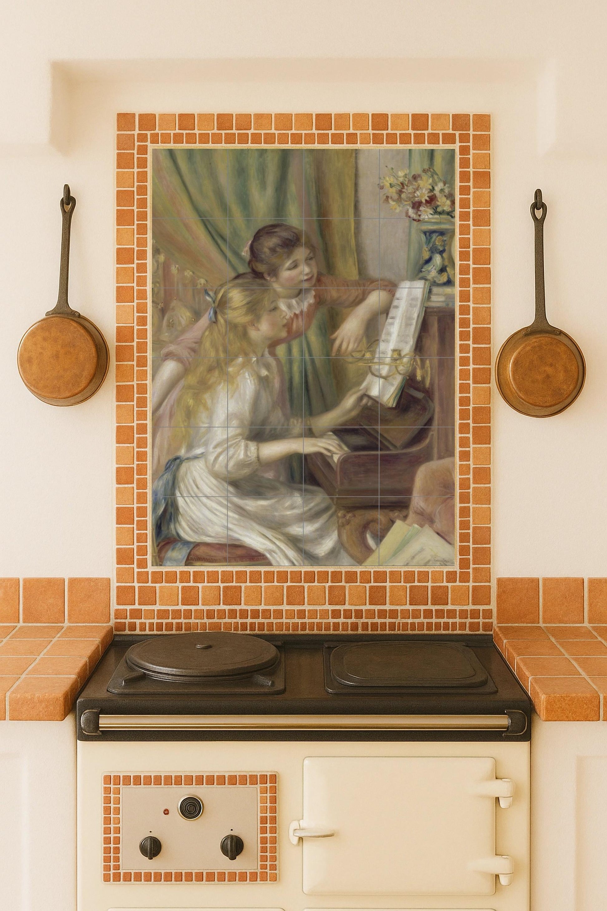 Fresque en Carrelage "Chicas au piano — Panneau Mural Ornemental