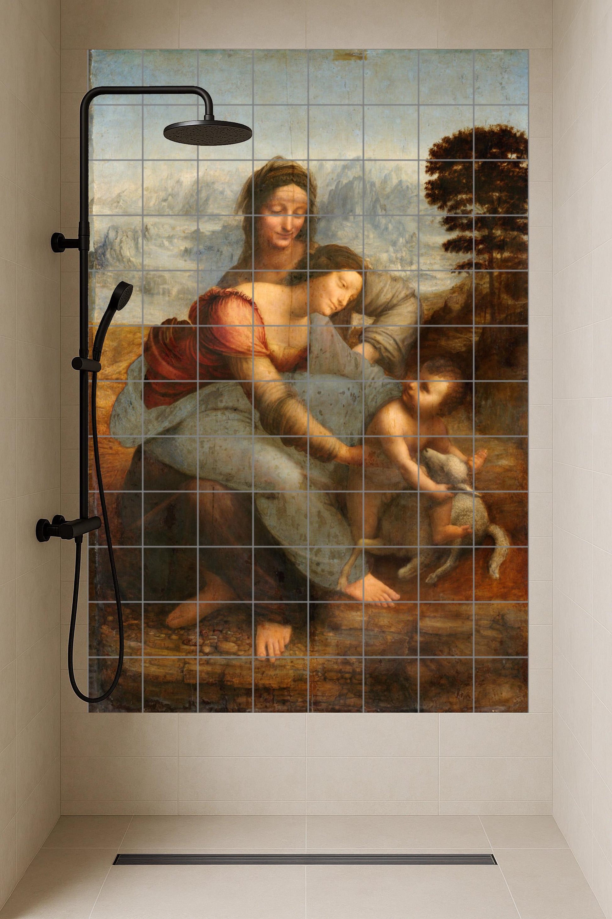 Mural de cerámica de la Virgen y el Niño con Santa Ana