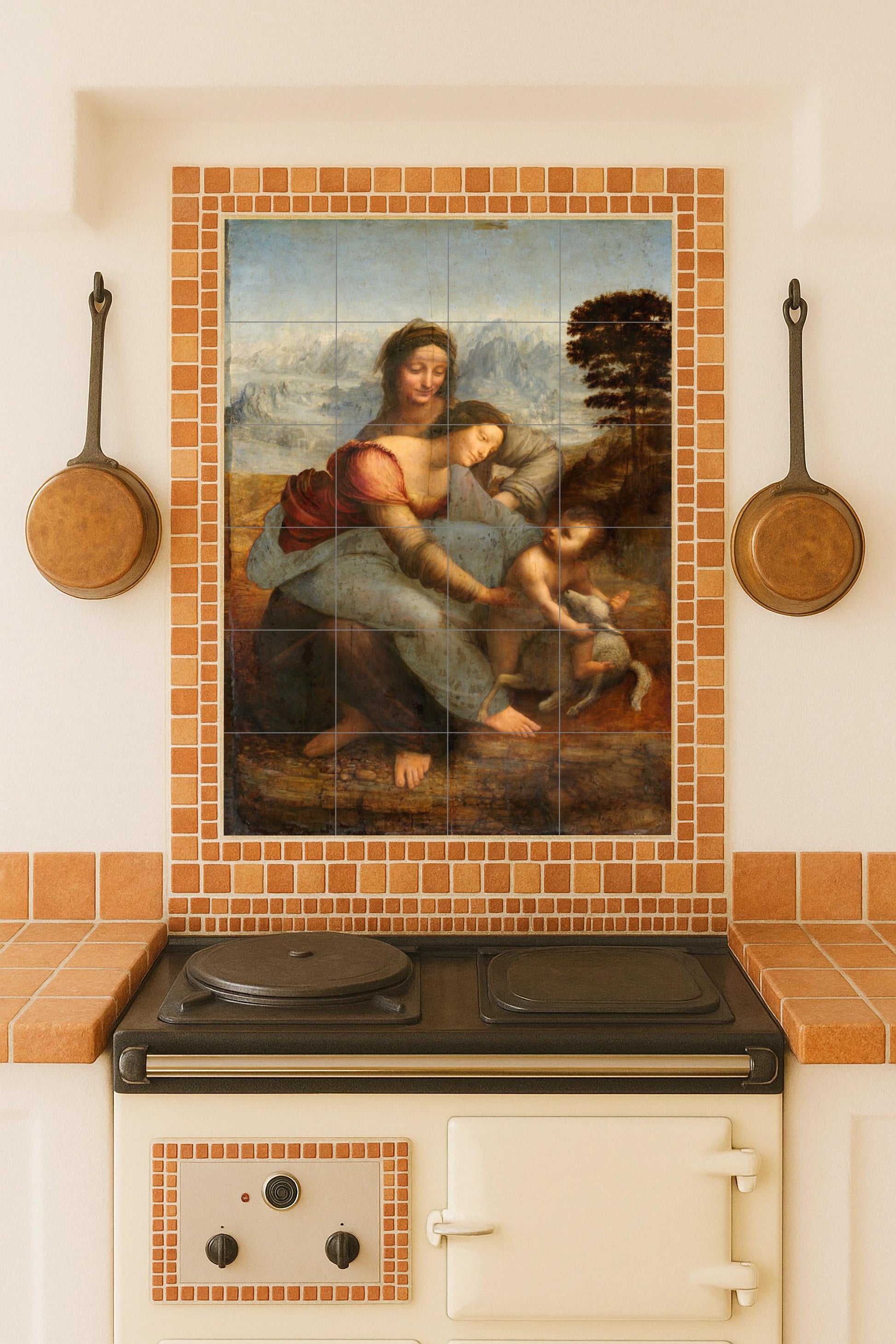 Mural de cerámica de la Virgen y el Niño con Santa Ana