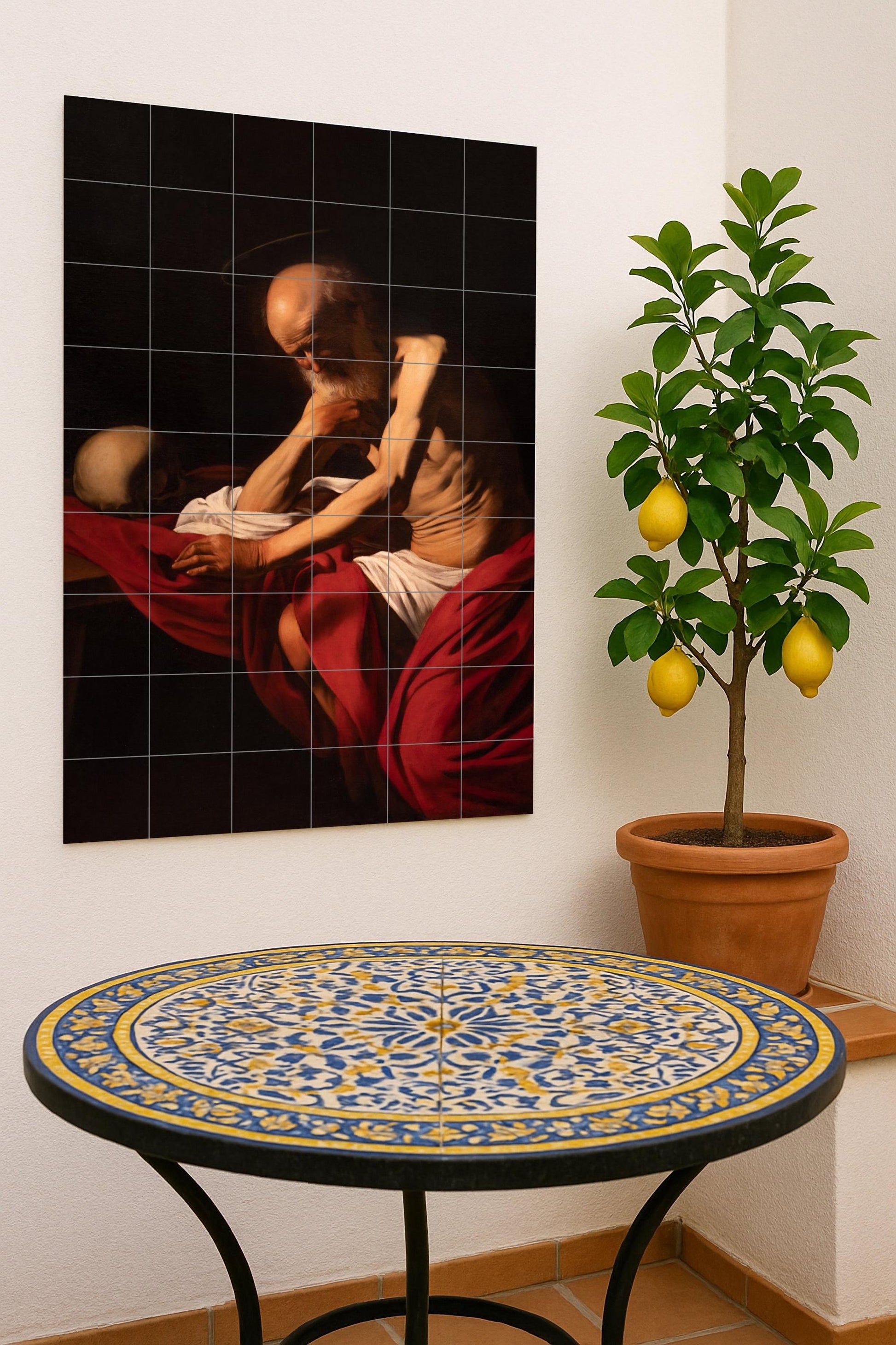 San Jerónimo in meditación — Volkskunst-Dekor, Wandkunst aus Keramikfliesen