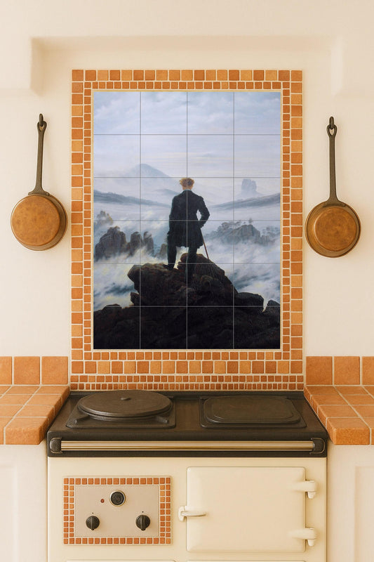 Cerámica "El caminante sobre el mar de niebla — Ornamental Wall Panel · Tile Wall Art