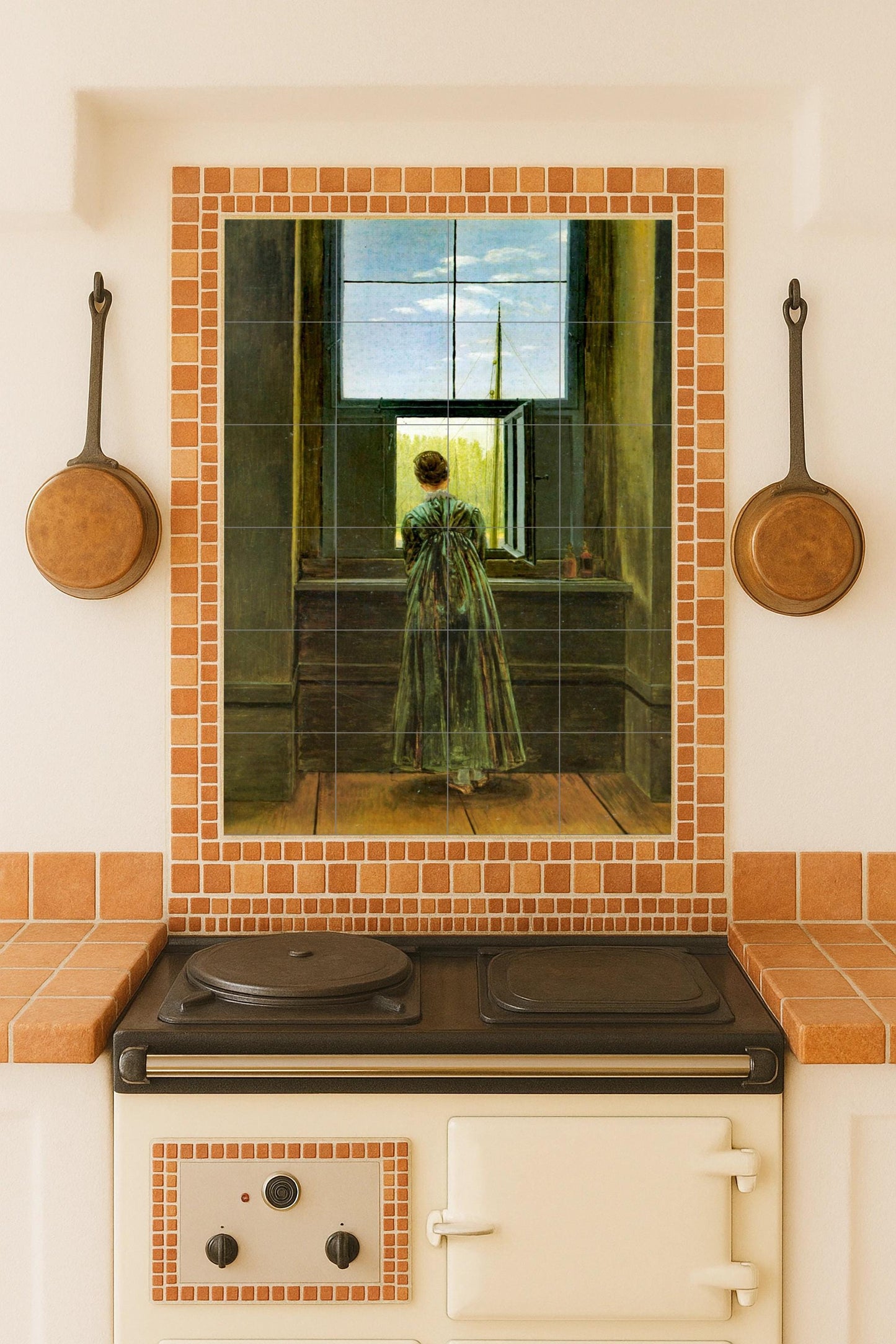Mural de cerámica "Mujer en una ventana"