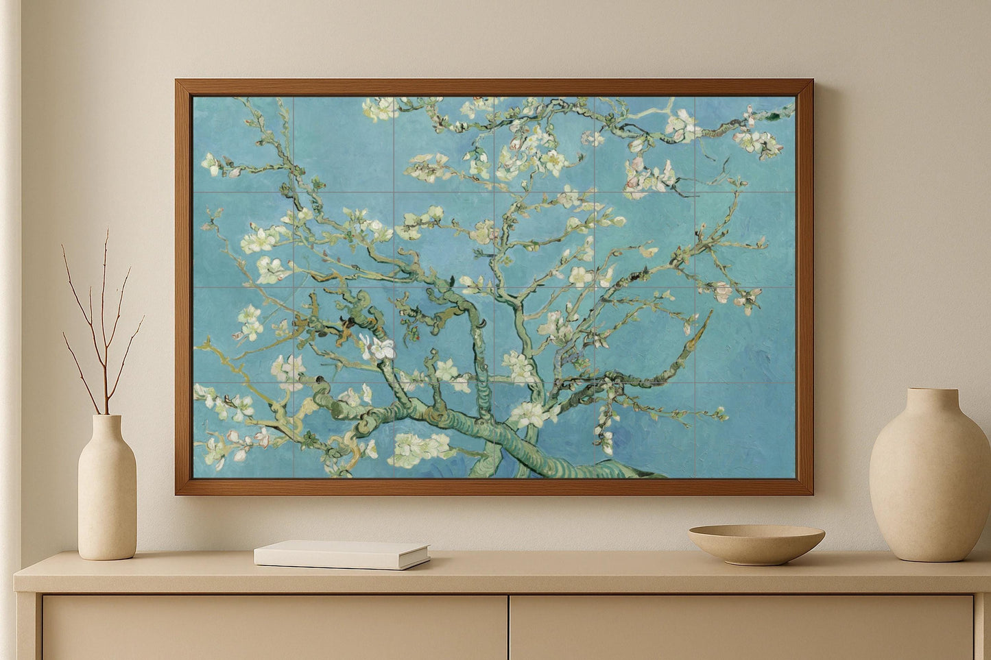 Mural de azulejos de cerámica con flores de almendro
