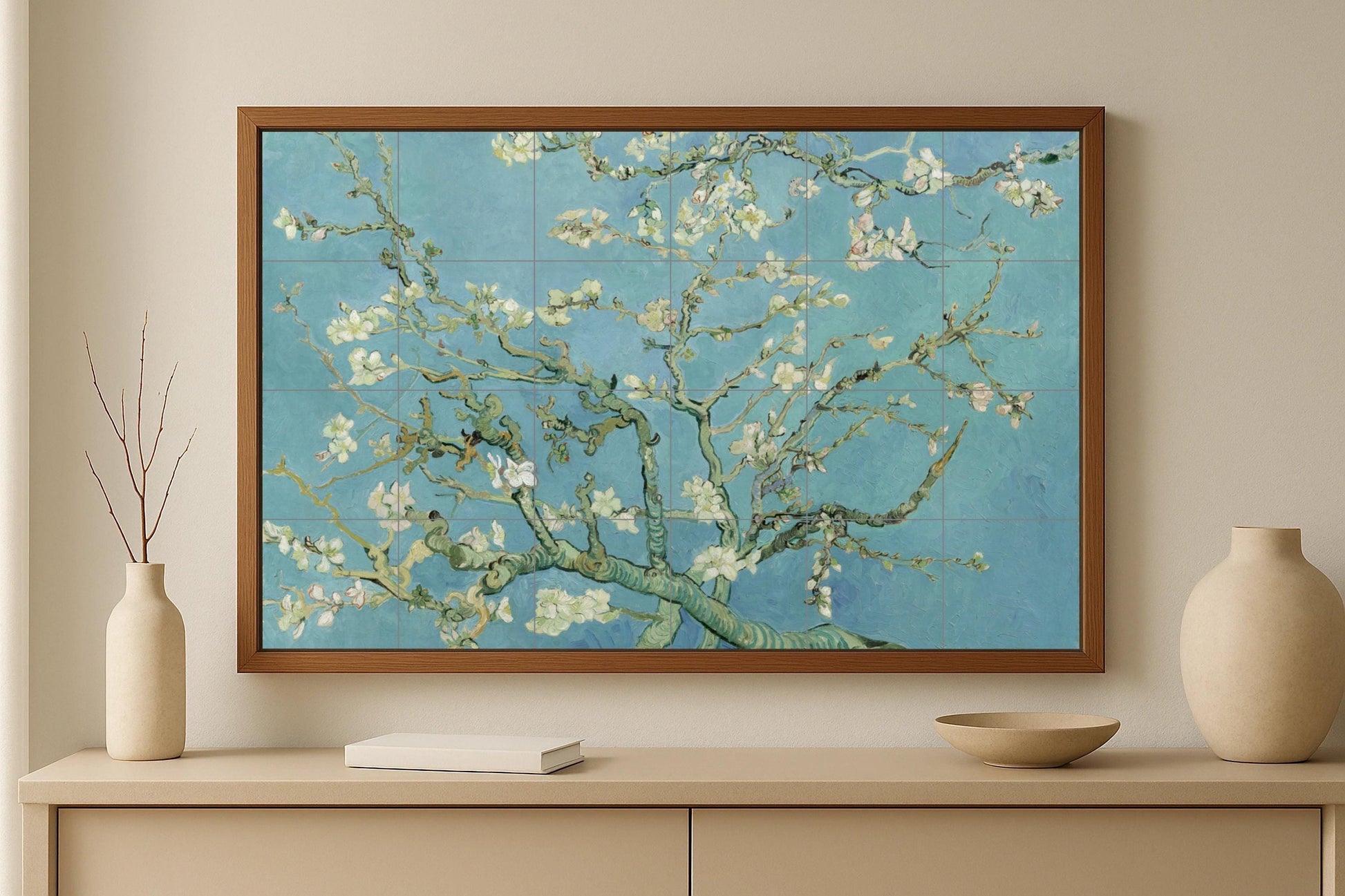 Mural de azulejos de cerámica con flores de almendro