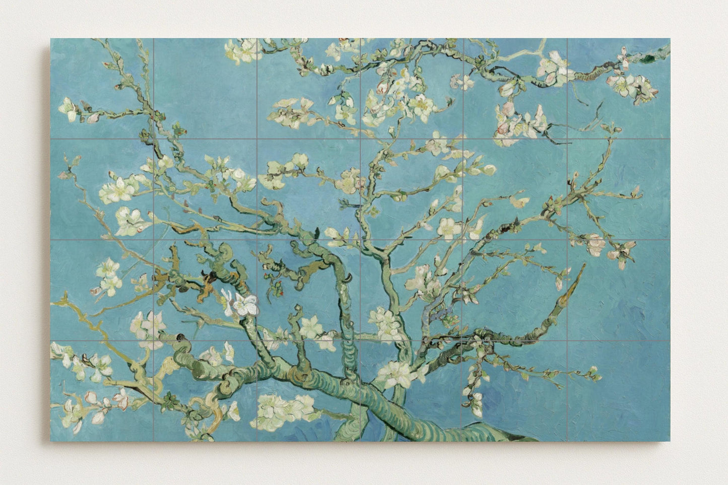 Mural de azulejos de cerámica con flores de almendro