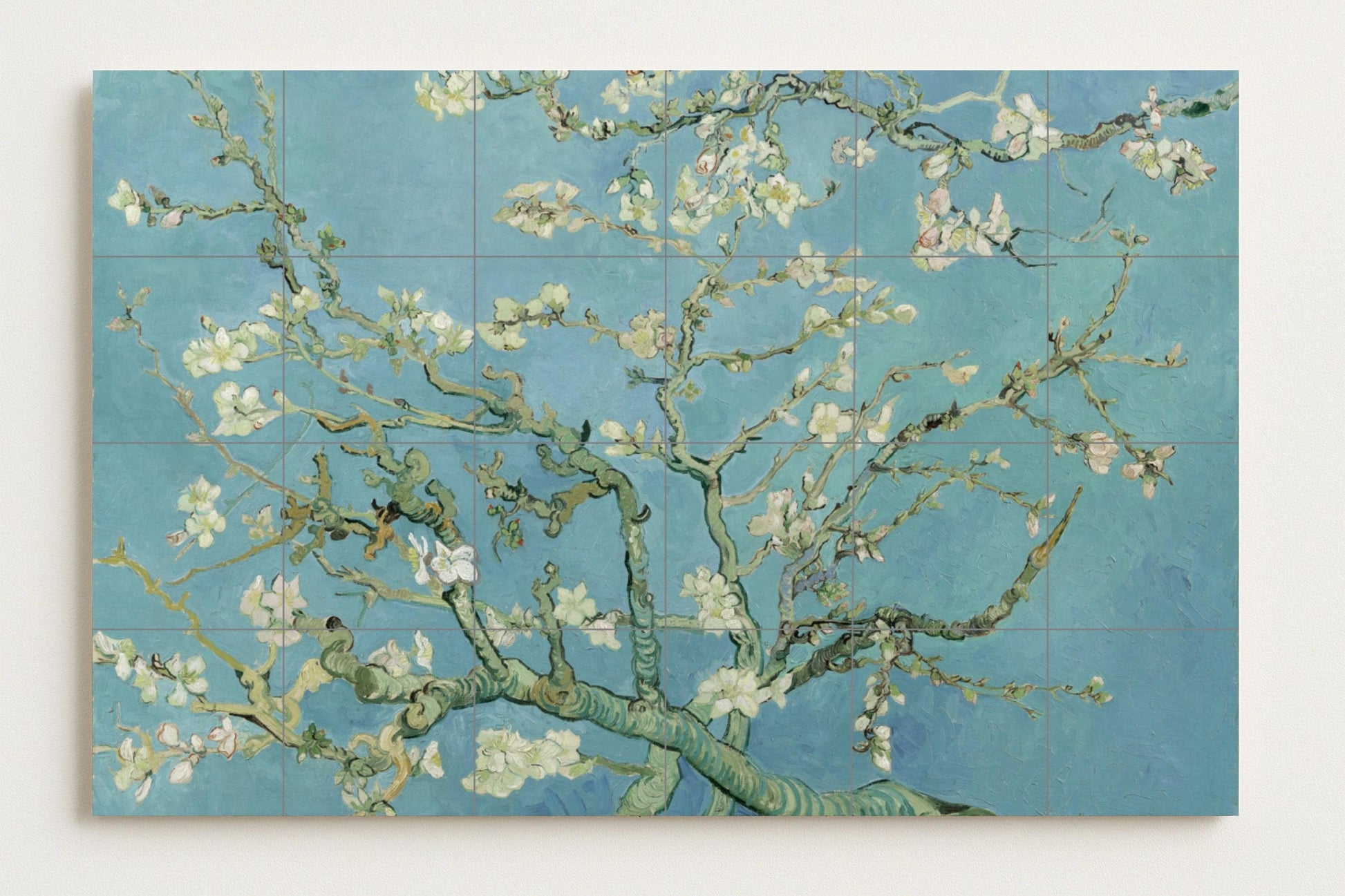 Mural de azulejos de cerámica con flores de almendro