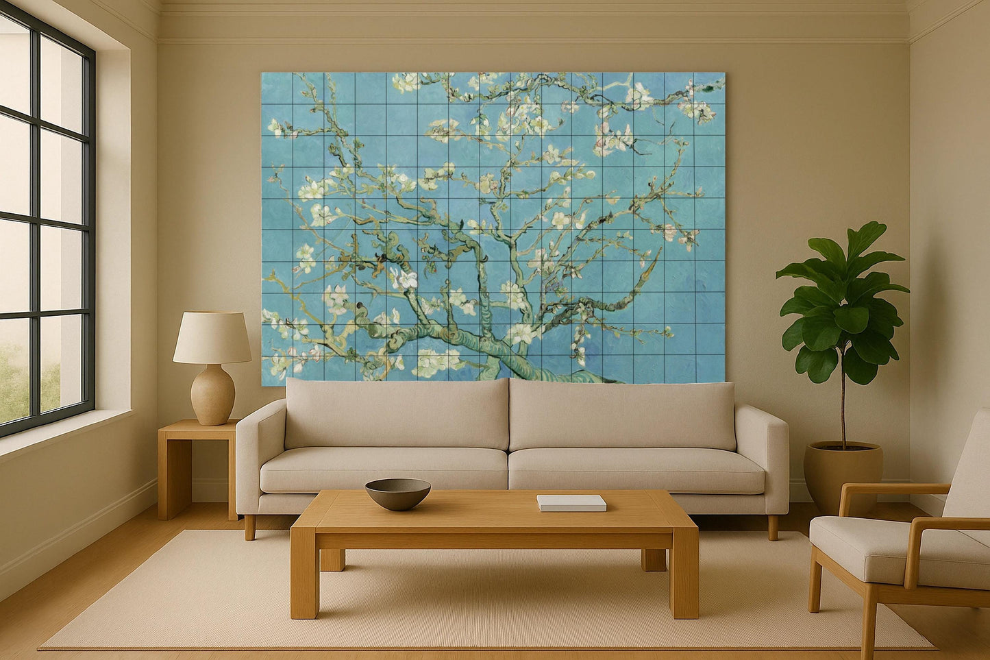 Mural de azulejos de cerámica con flores de almendro