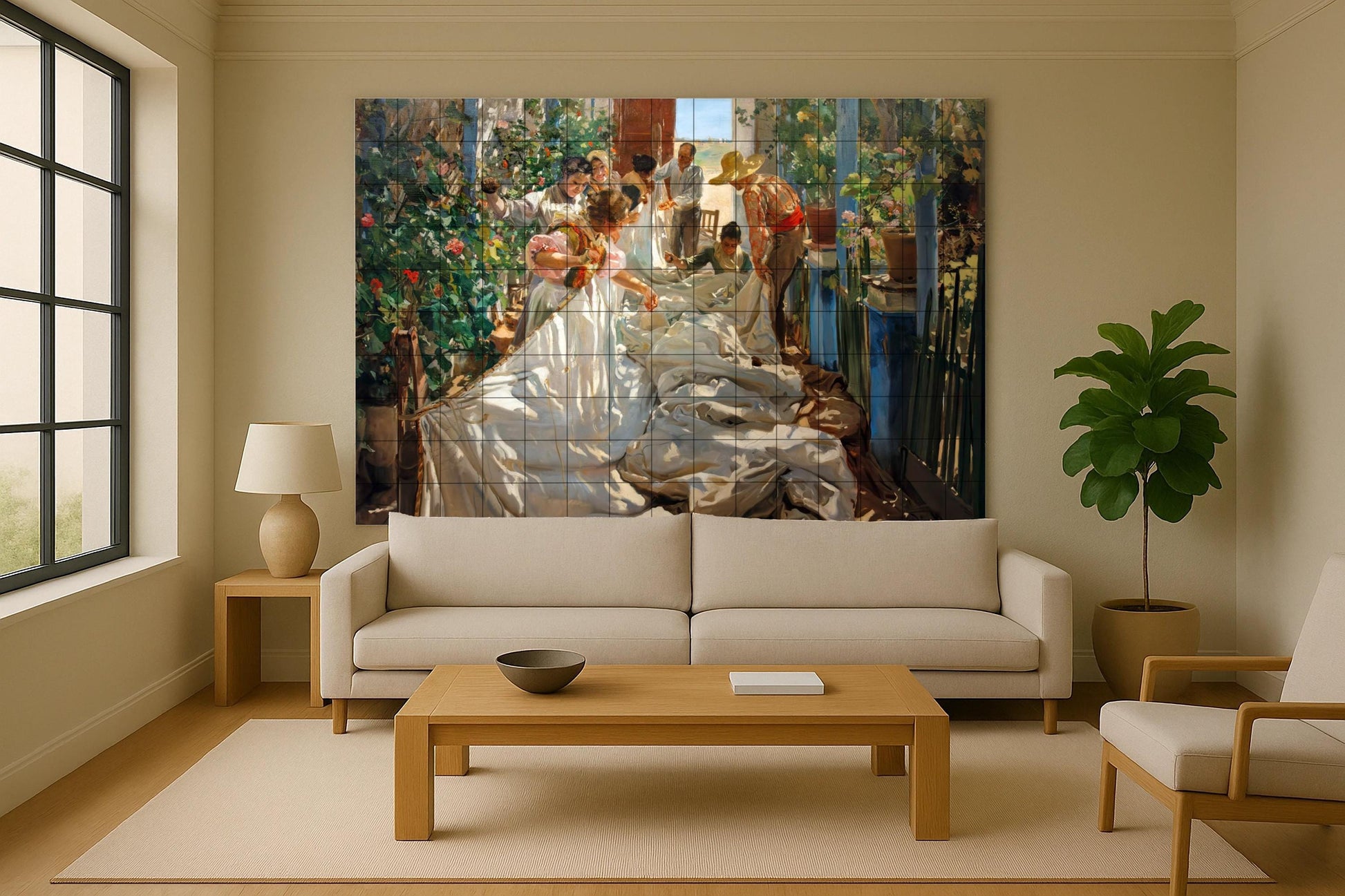 Mural de azulejos "Cosiendo la vela" de Sorolla