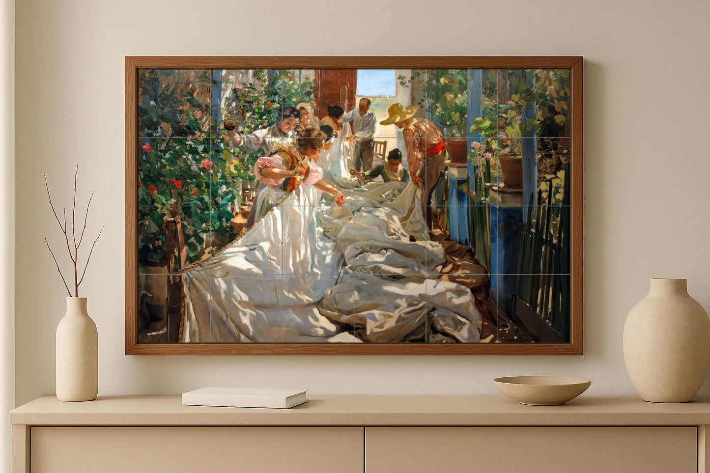 Mural de azulejos "Cosiendo la vela" de Sorolla