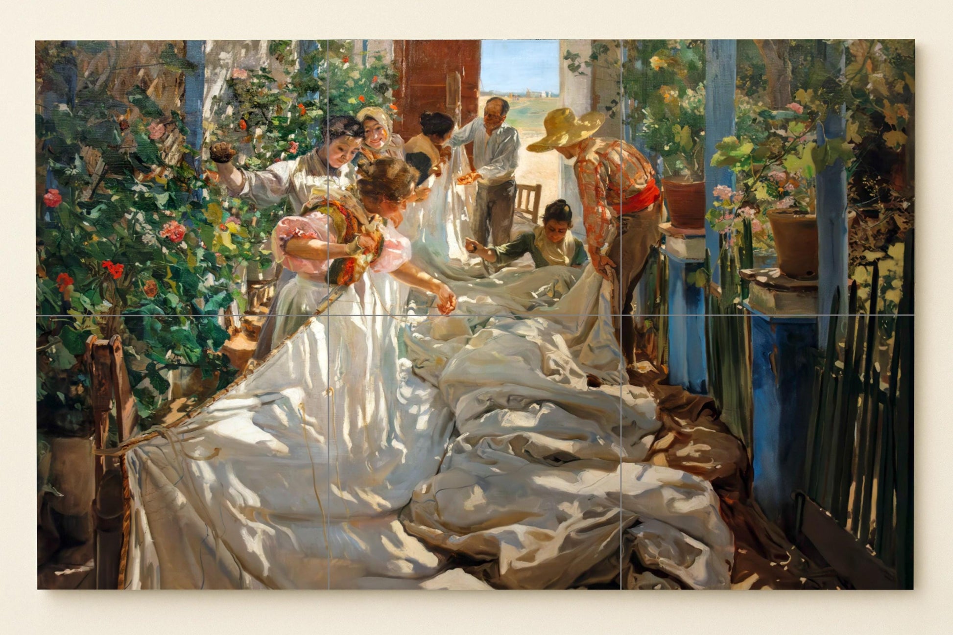 Mural de azulejos "Cosiendo la vela" de Sorolla