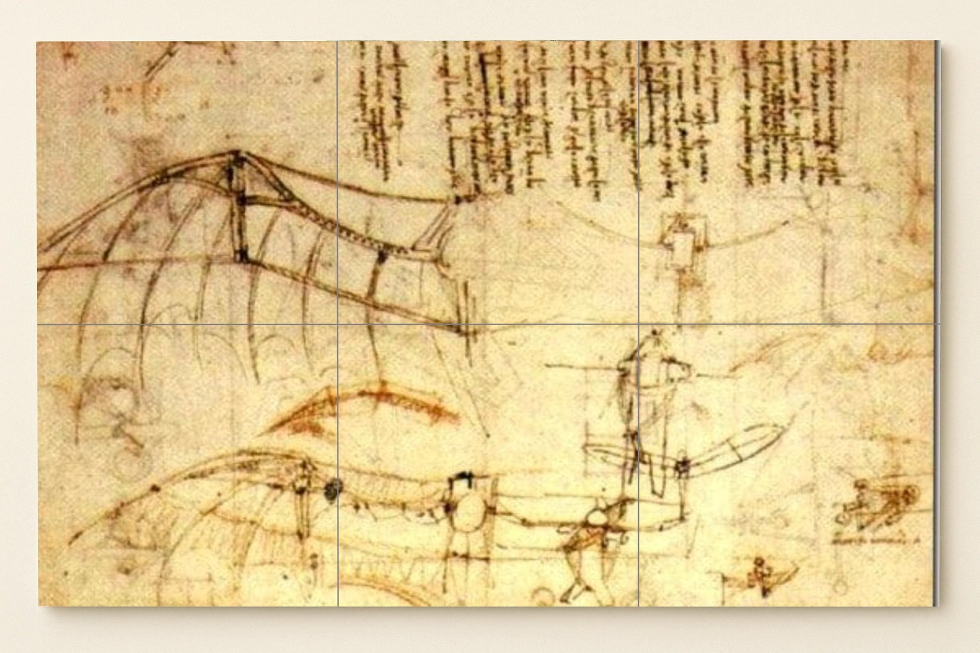 Con boceto de la máquina voladora de Leonardo da Vinci — Fresque Murale en Carreaux de Céramique · Art Populaire et Ornemental
