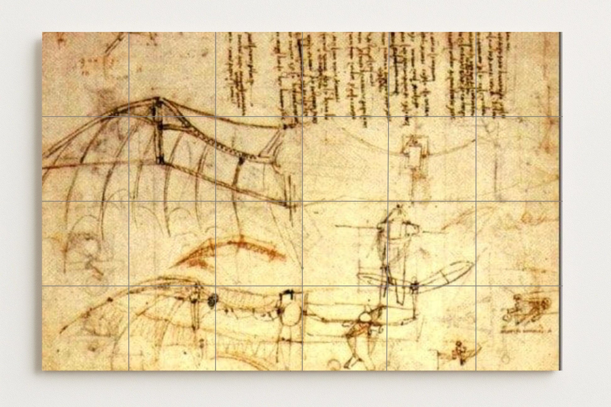 Con boceto de la máquina voladora de Leonardo da Vinci — Fresque Murale en Carreaux de Céramique · Art Populaire et Ornemental
