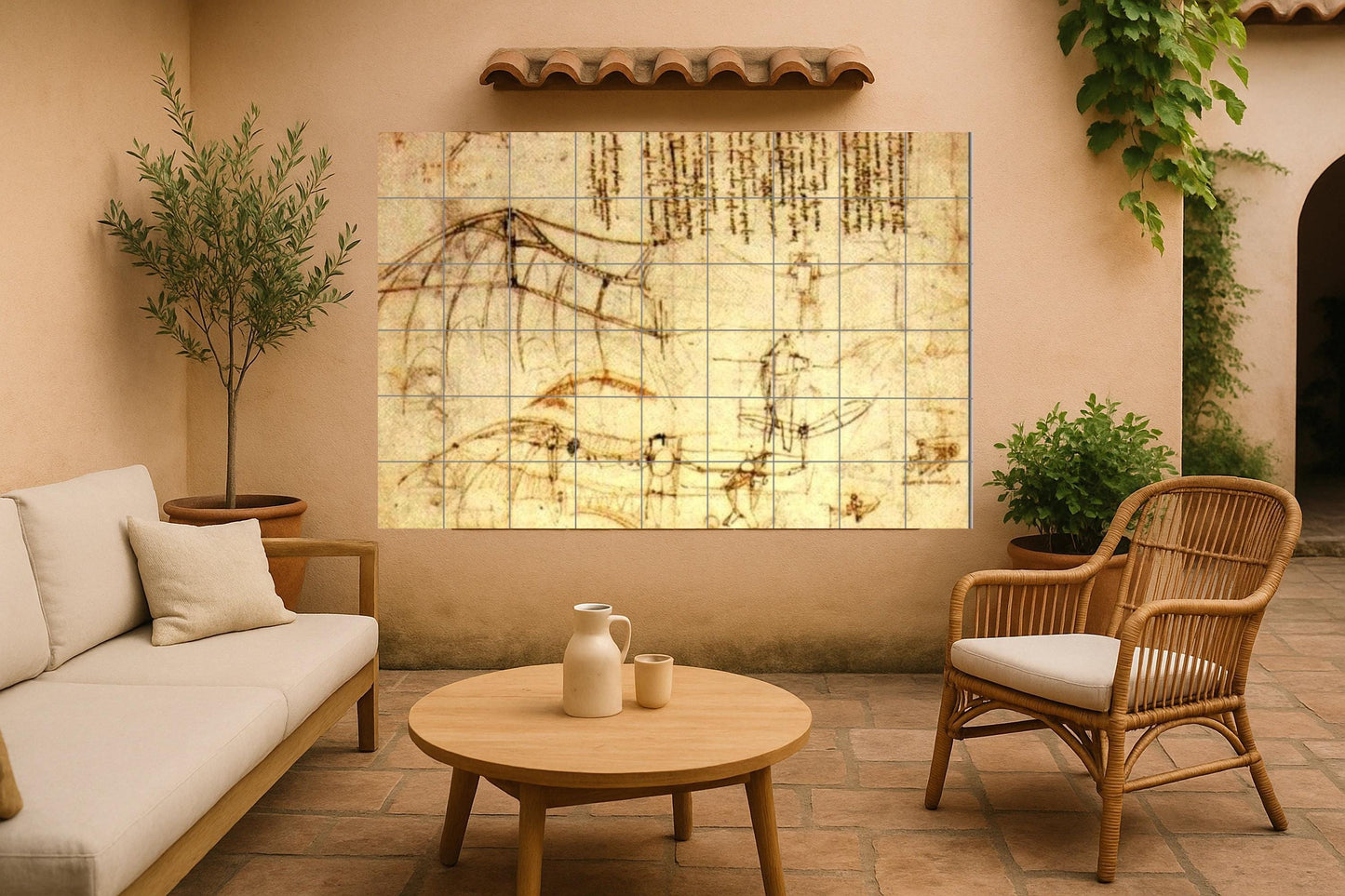 Con boceto de la máquina voladora de Leonardo da Vinci — Fresque Murale en Carreaux de Céramique · Art Populaire et Ornemental